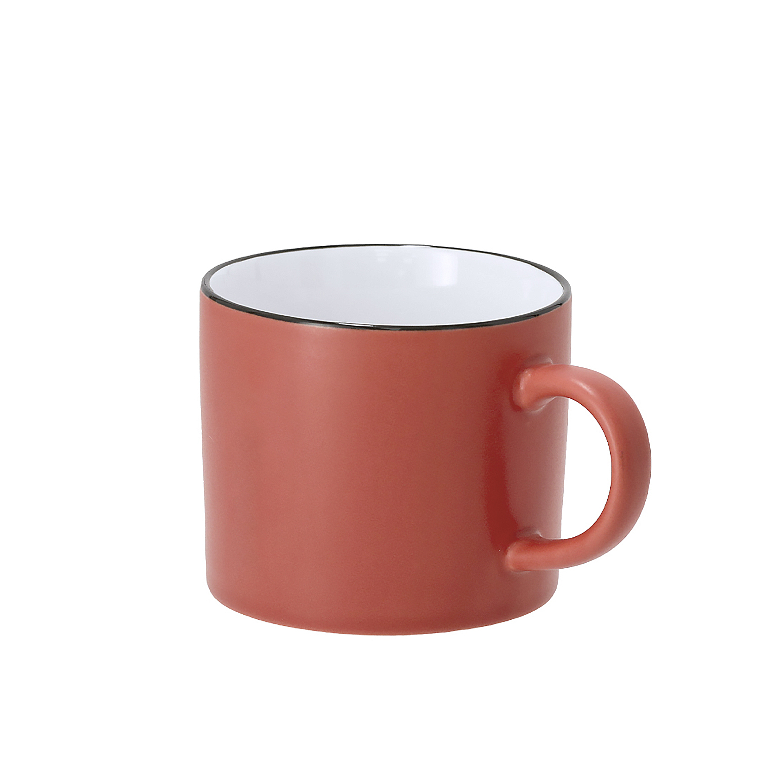 Una tazza di ceramica rossa con interno bianco e bordo nero.