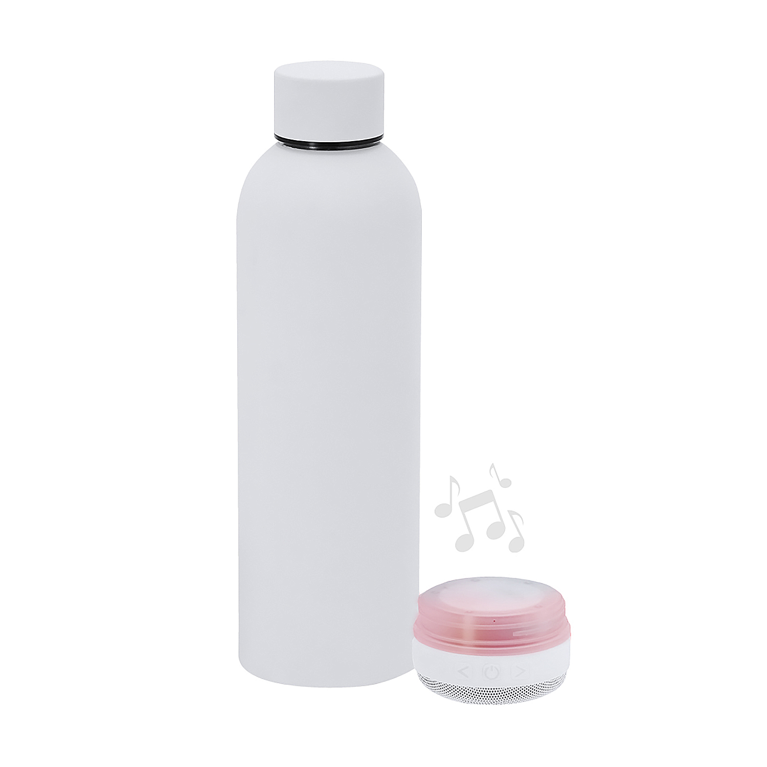 Una botella de agua blanca junto a un altavoz redondo pequeño con parte superior rosa.
