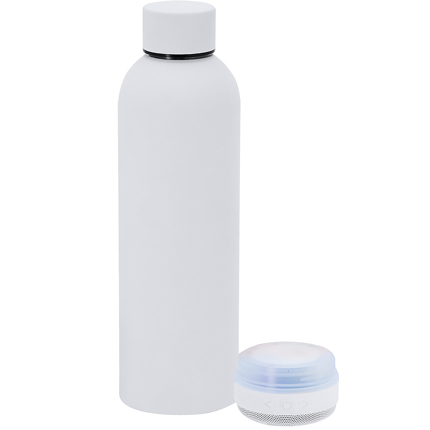 Una botella de agua blanca junto a un pequeño altavoz blanco con luces de colores.