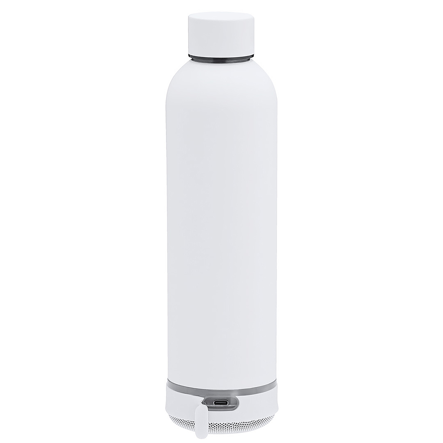 Una botella de agua blanca con tapa blanca y base gris con rejilla de altavoz.