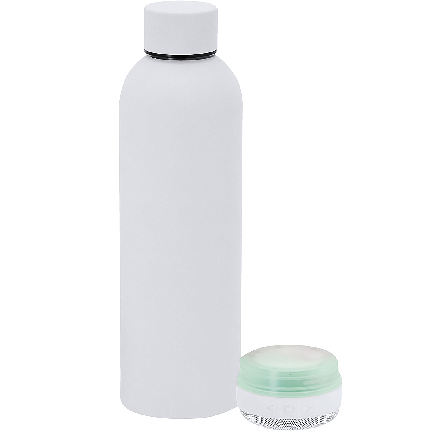 Una botella blanca y un altavoz pequeño con tapa verde.
