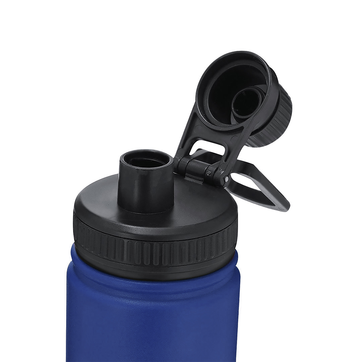 Botella de agua azul con tapa negra abierta y asa.