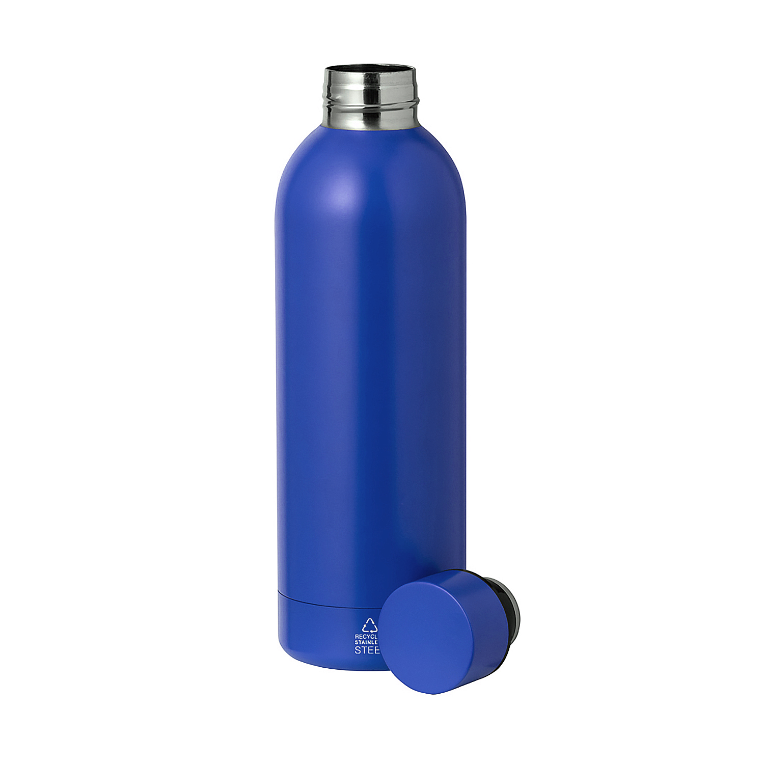 Una botella azul de acero inoxidable con tapa plateada, de pie.