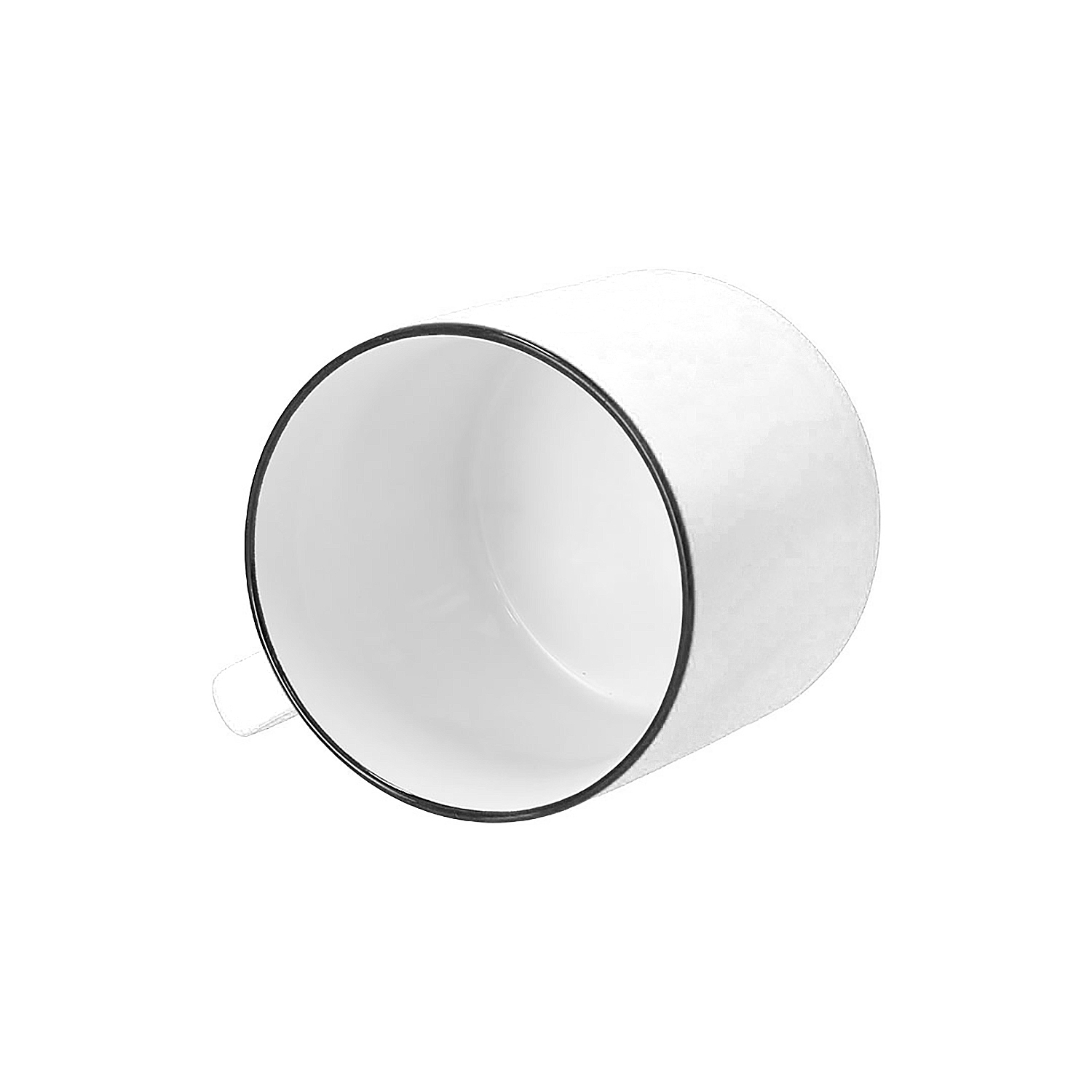 Una taza de esmalte blanco con borde y asa negros.