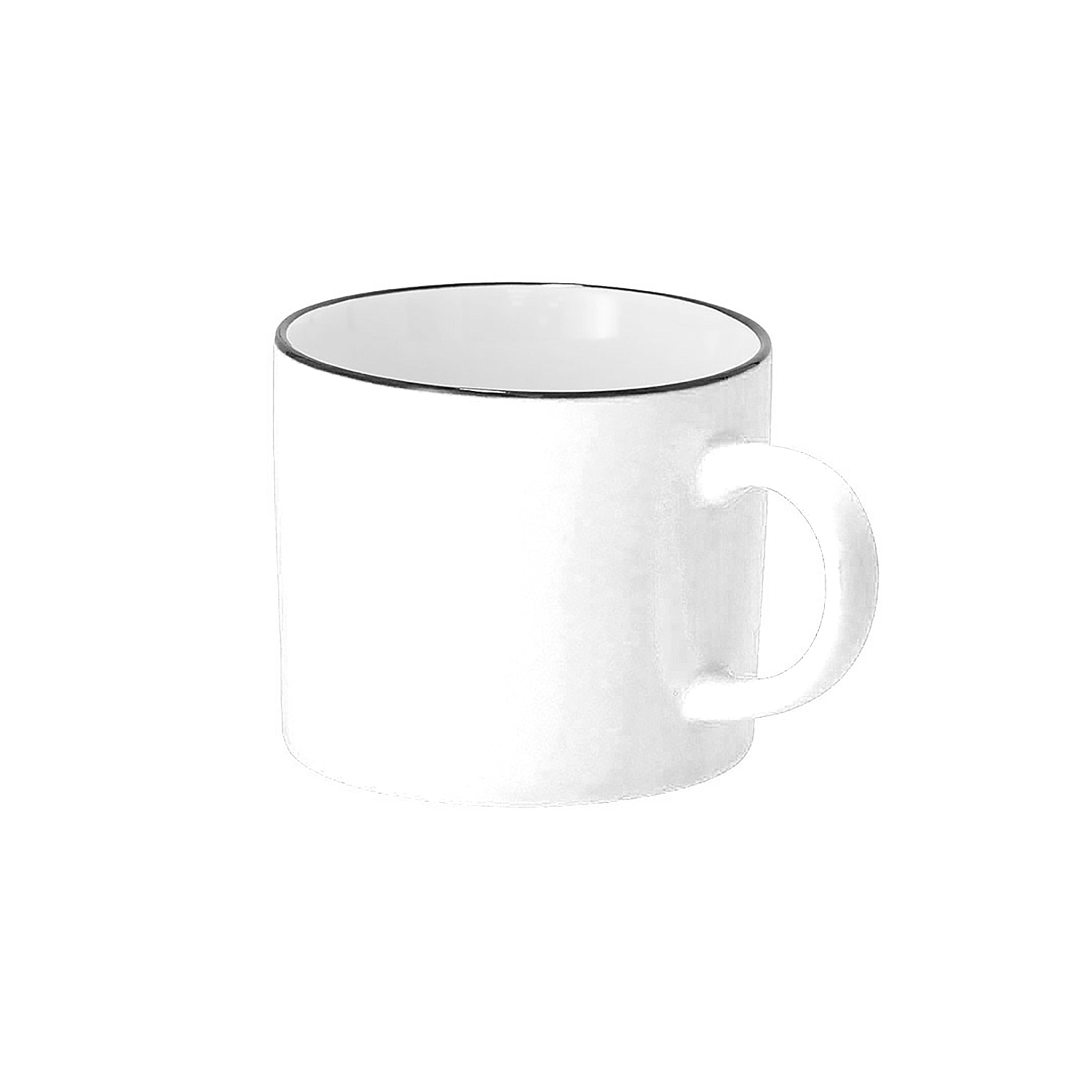 Una taza blanca con borde y asa negros sobre fondo blanco.