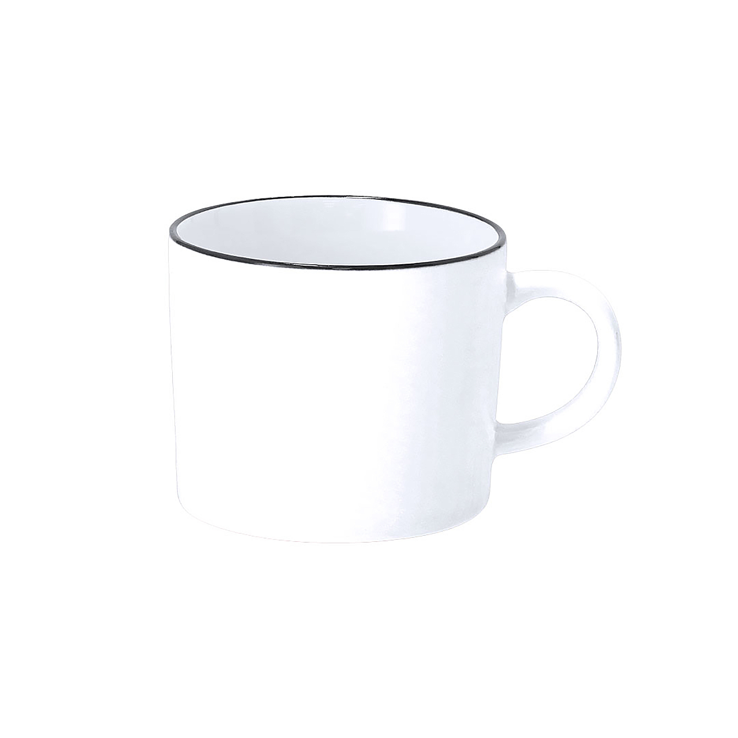 Una taza blanca con borde y asa negros sobre fondo blanco.
