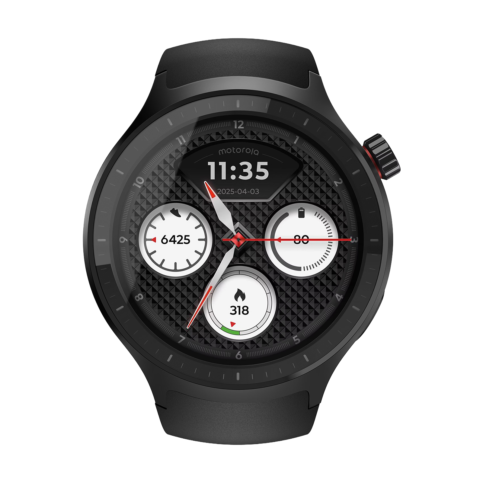 Czarny smartwatch wyświetla 11:35, 6425 kroków, 80 baterii i 318 kalorii.