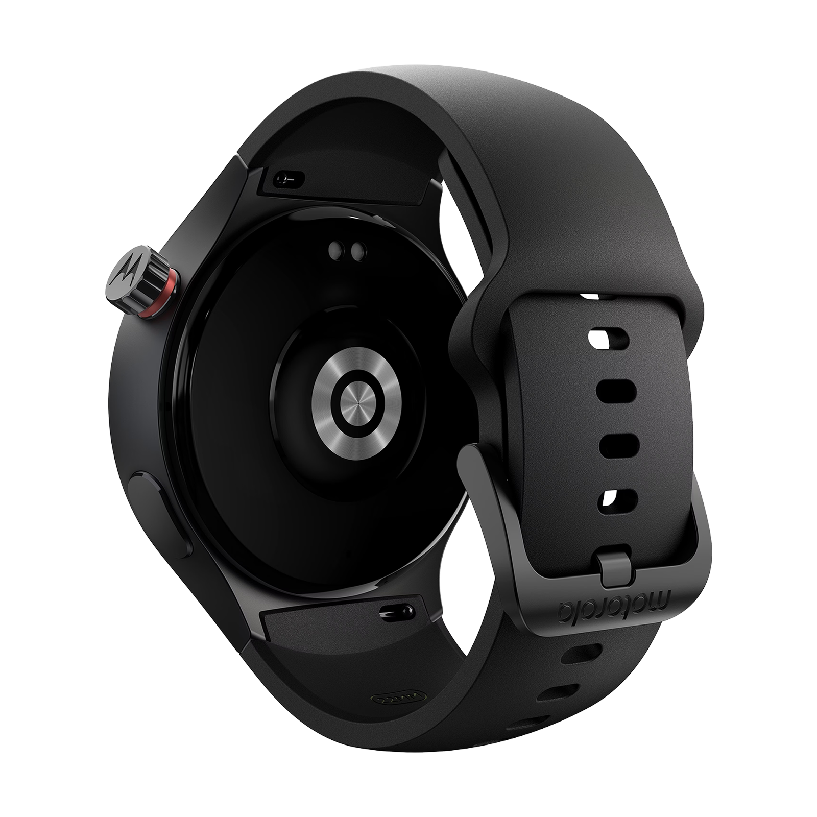 Czarny pasek do smartwatcha z logo Motorola i obrotowym przyciskiem z czerwonym akcentem.