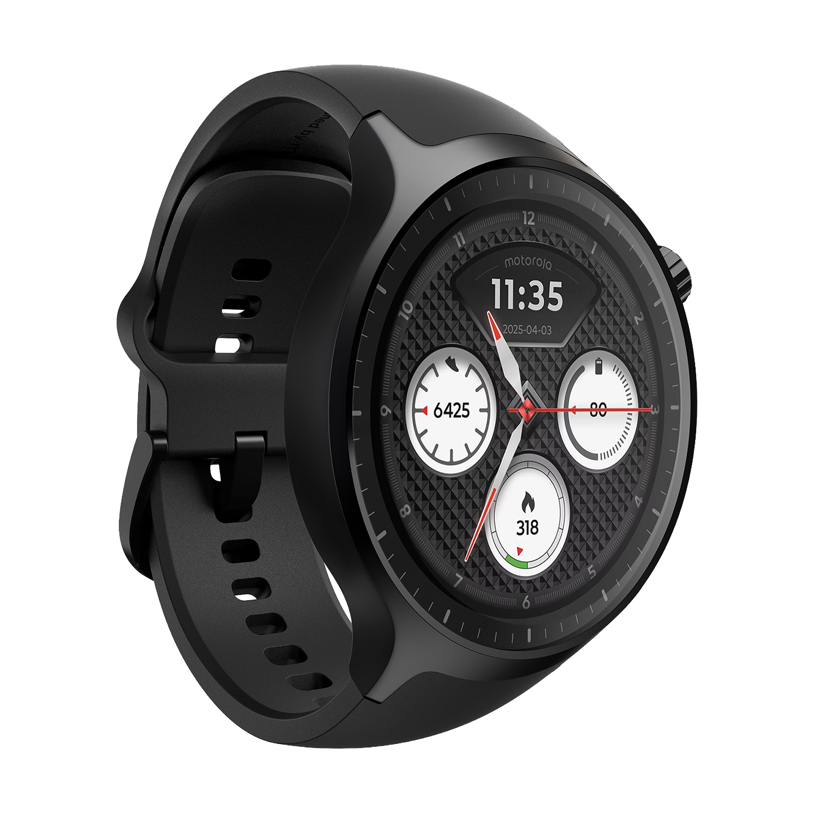 Czarny smartwatch z cyfrowymi wskaźnikami czasu, kroków, baterii i kalorii.