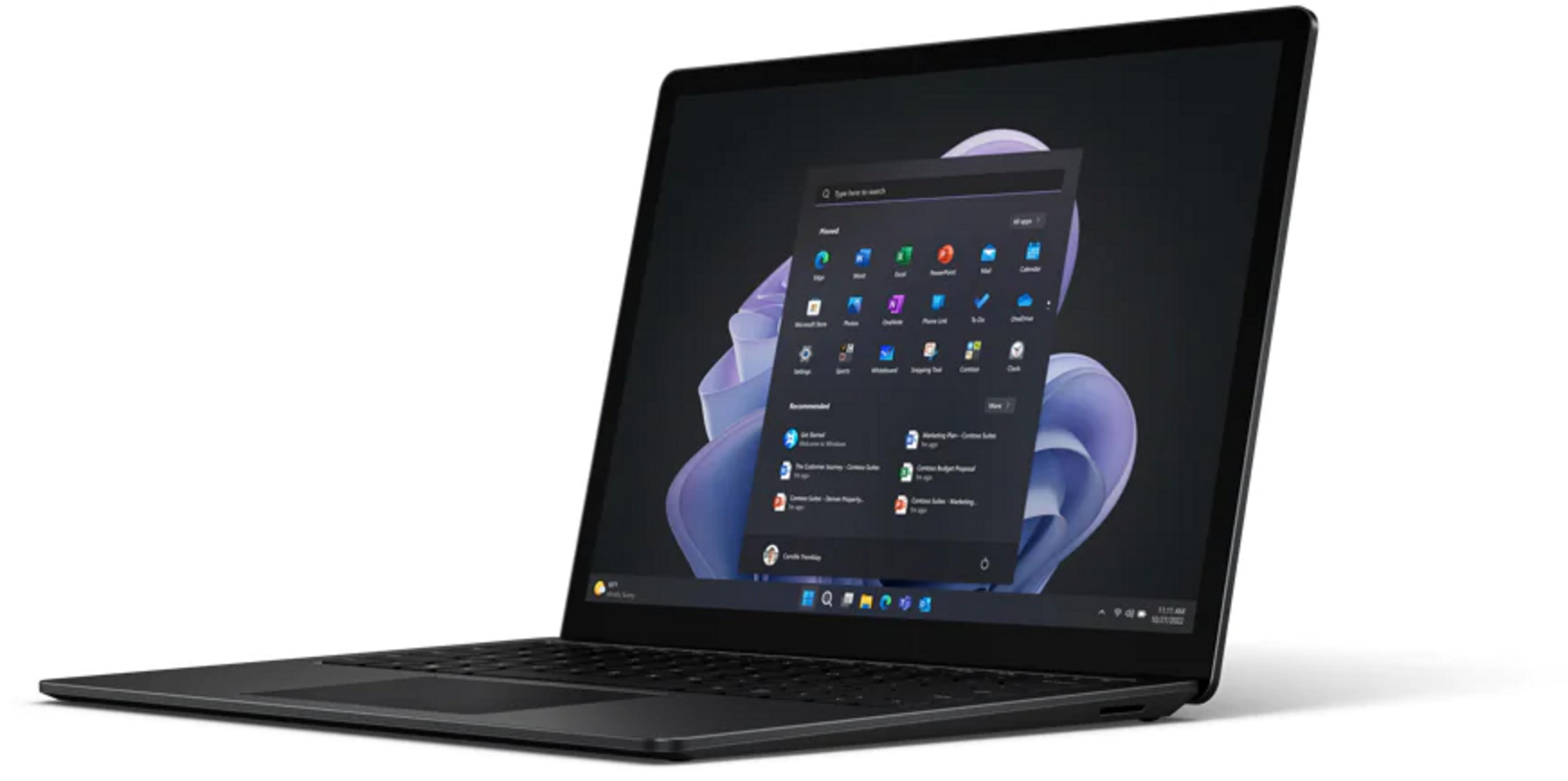Schwarzer Laptop mit geöffnetem Startmenü und bunter Hintergrundgrafik.