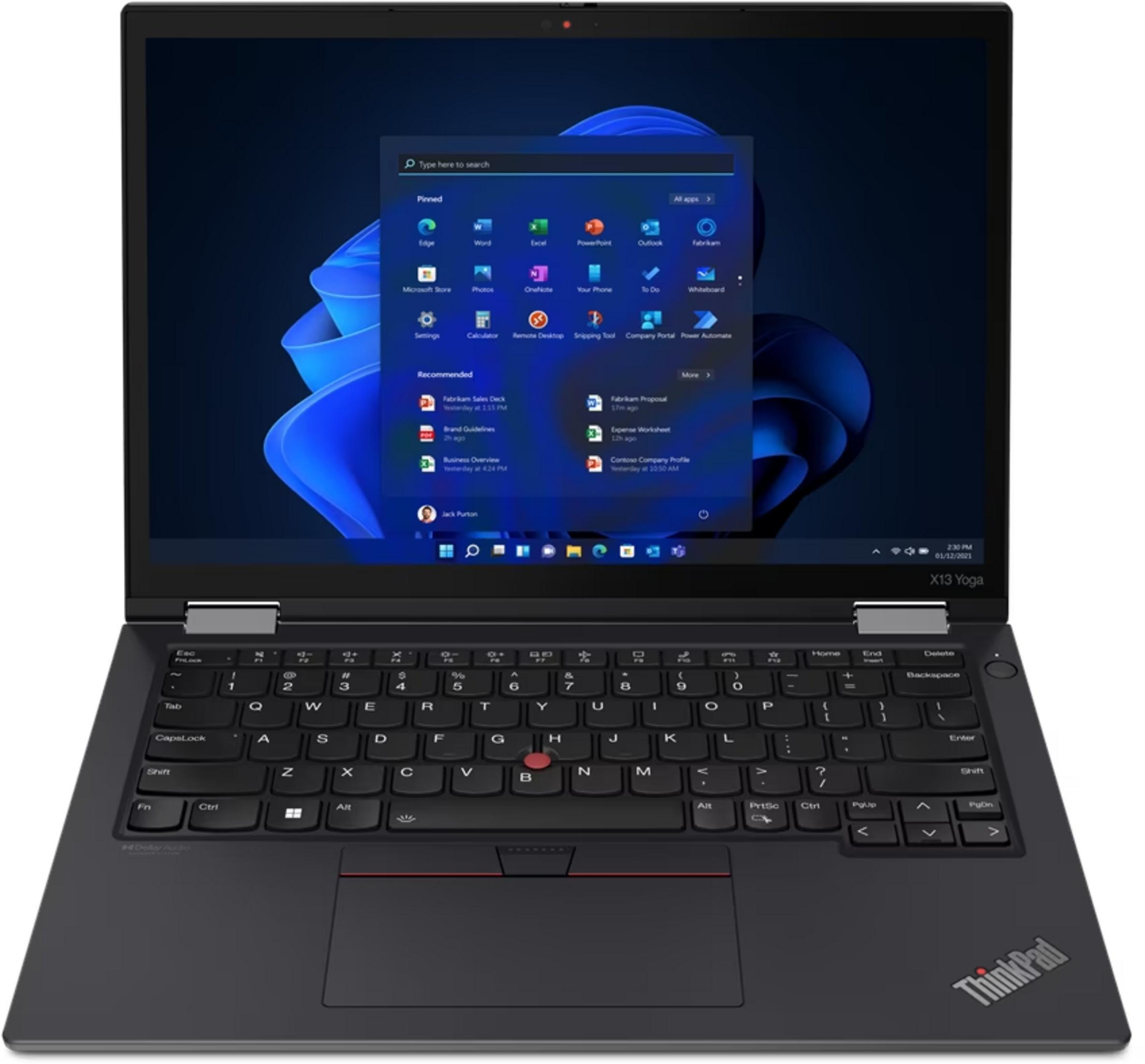Ein geöffneter schwarzer Lenovo ThinkPad X13 Yoga Laptop mit Windows 11 Startmenü.