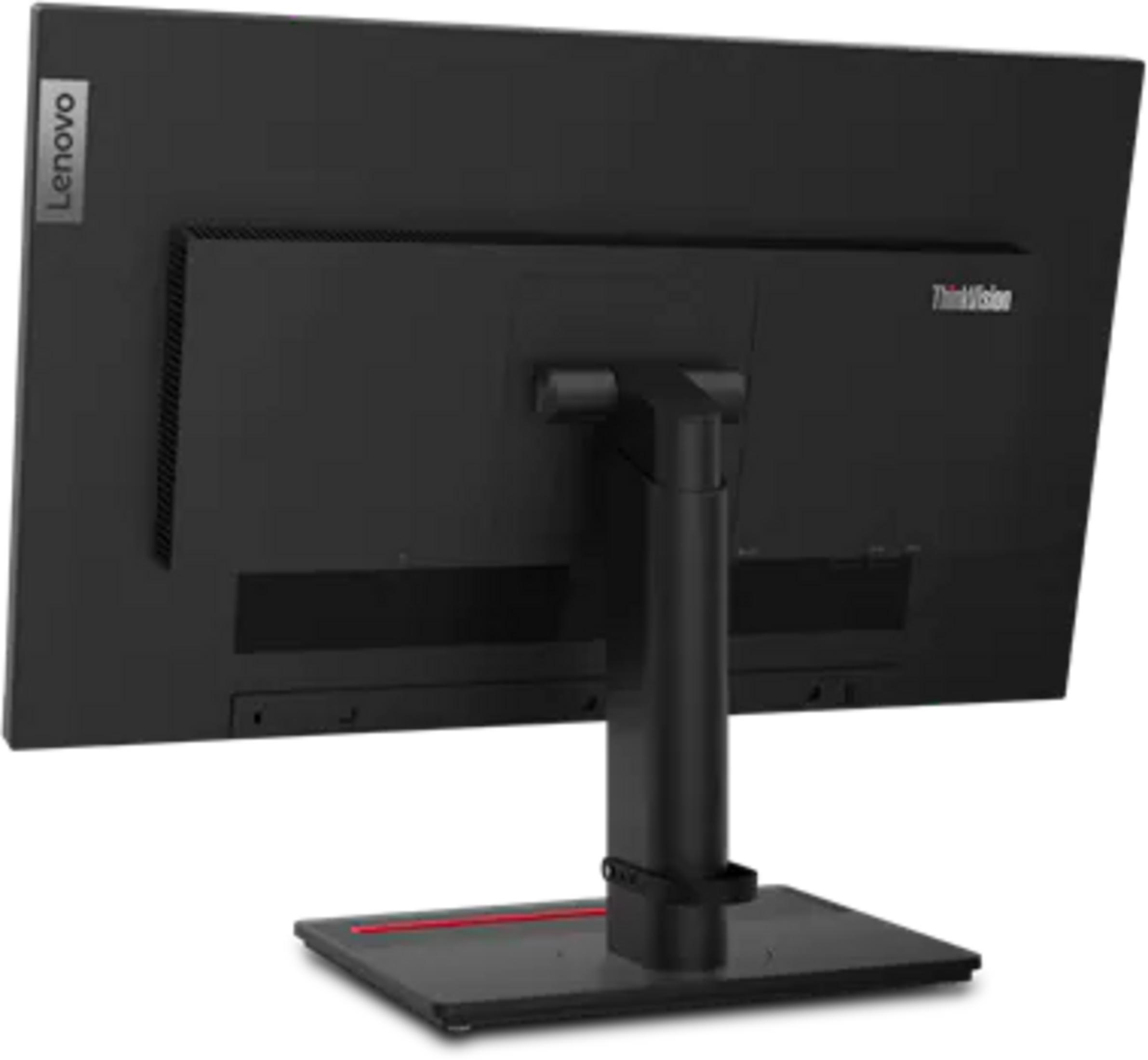 Rückseite eines schwarzen Lenovo ThinkVision Monitors auf einem Ständer mit roter Linie.