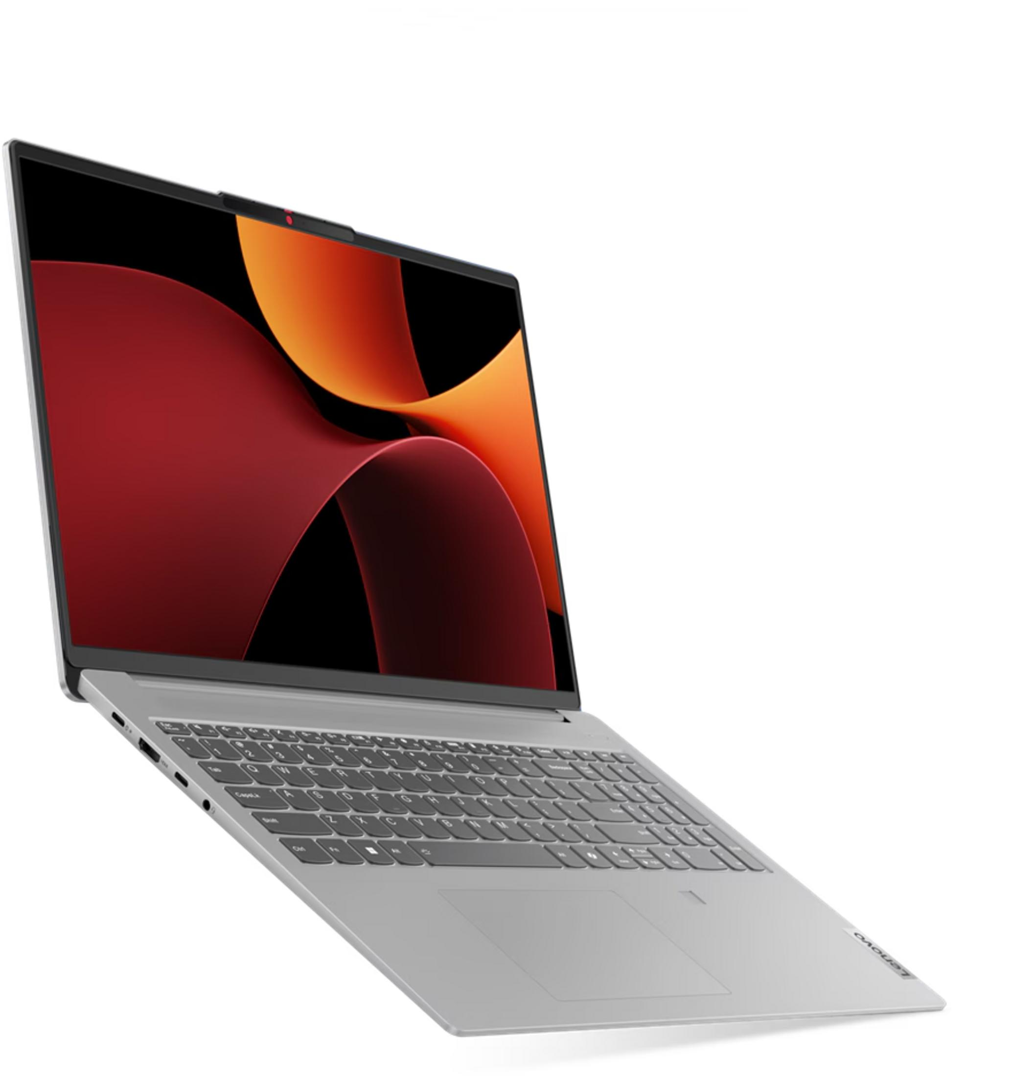 Ein silberner Laptop mit Tastatur und Touchpad, auf weißem Hintergrund.