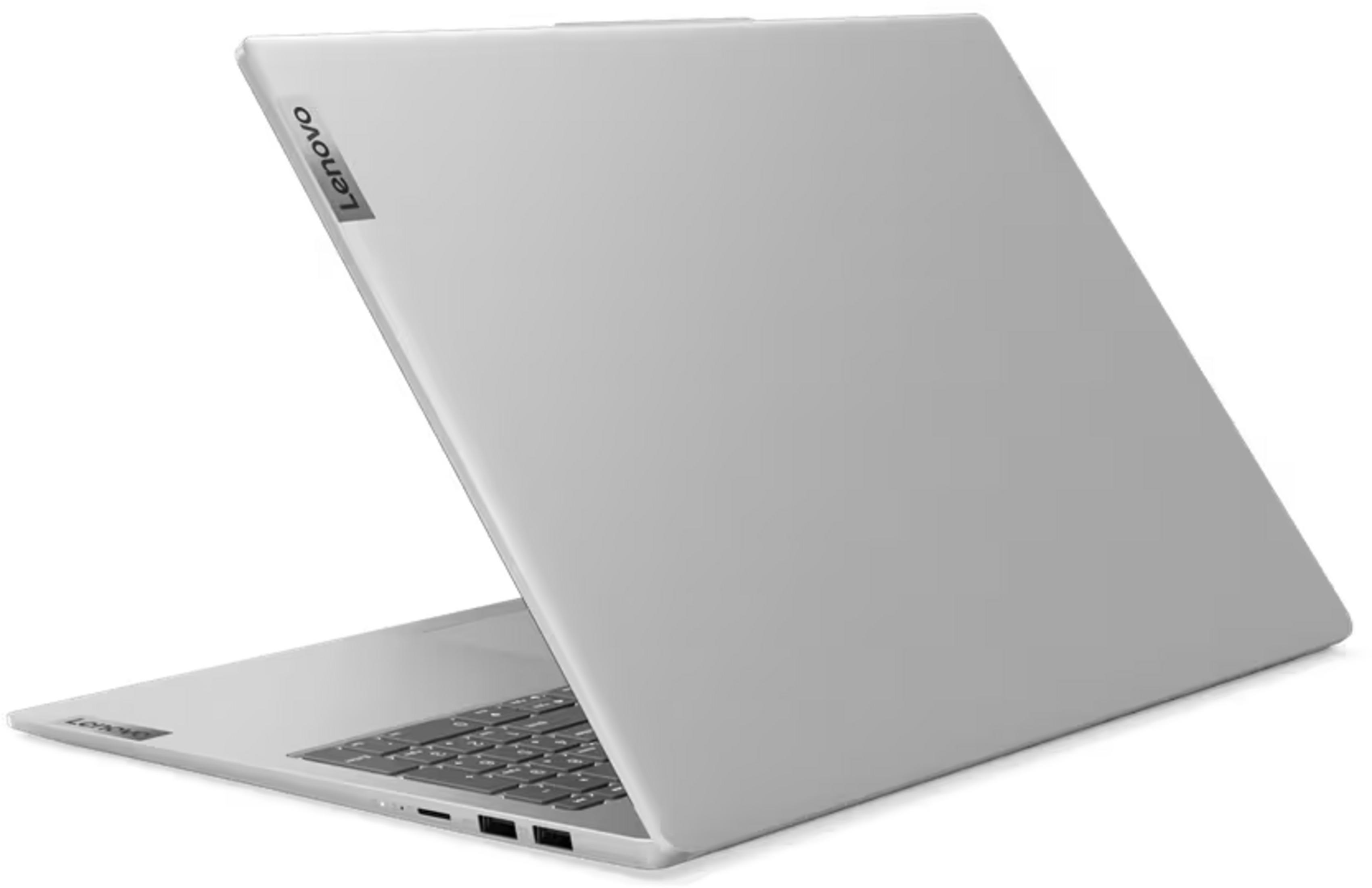 Ein silberner Lenovo Laptop ist geöffnet und zeigt die Tastatur und Anschlüsse.