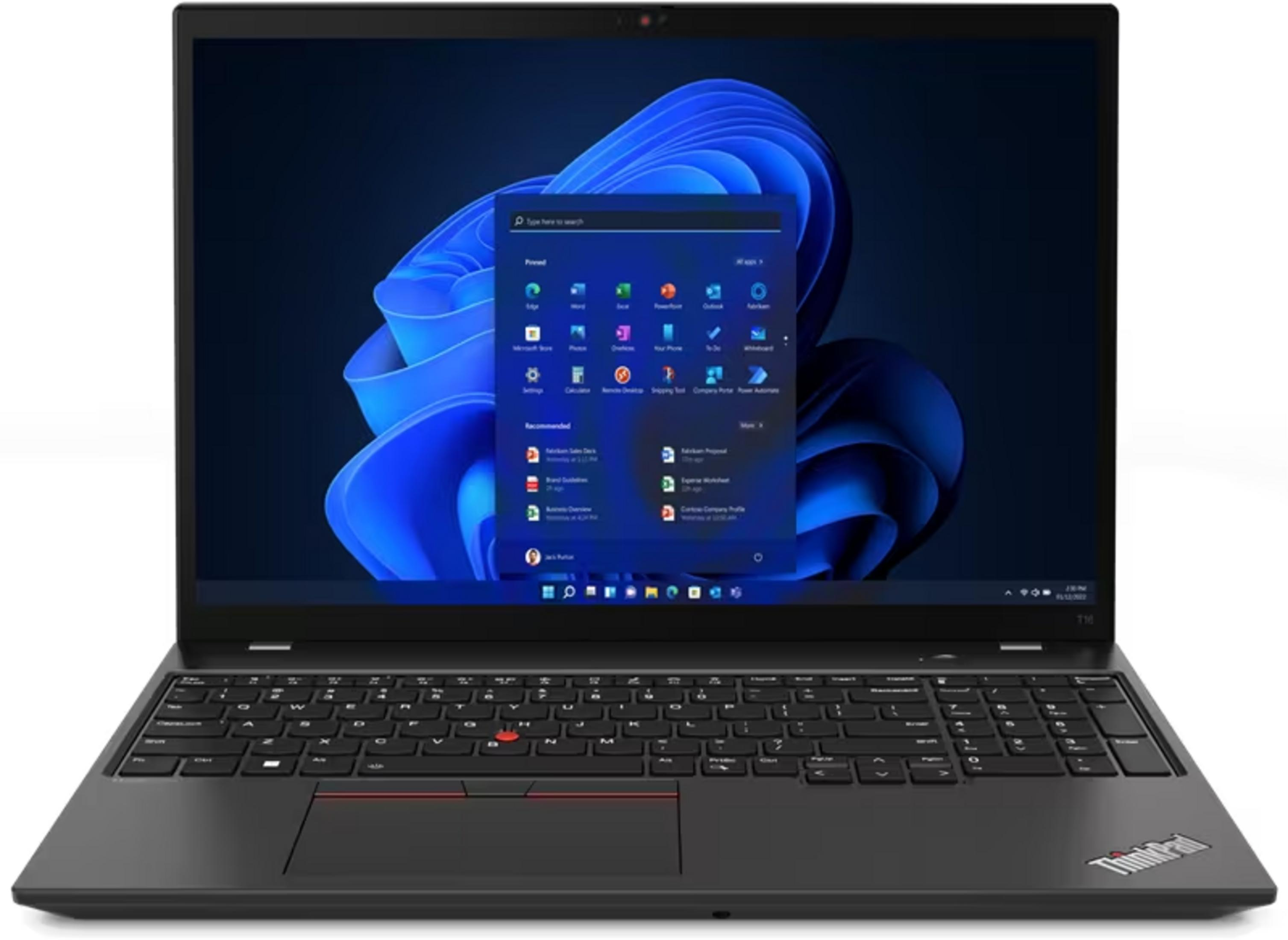 Ein schwarzer Laptop mit einem blauen Hintergrundbild und einem geöffneten Startmenü.