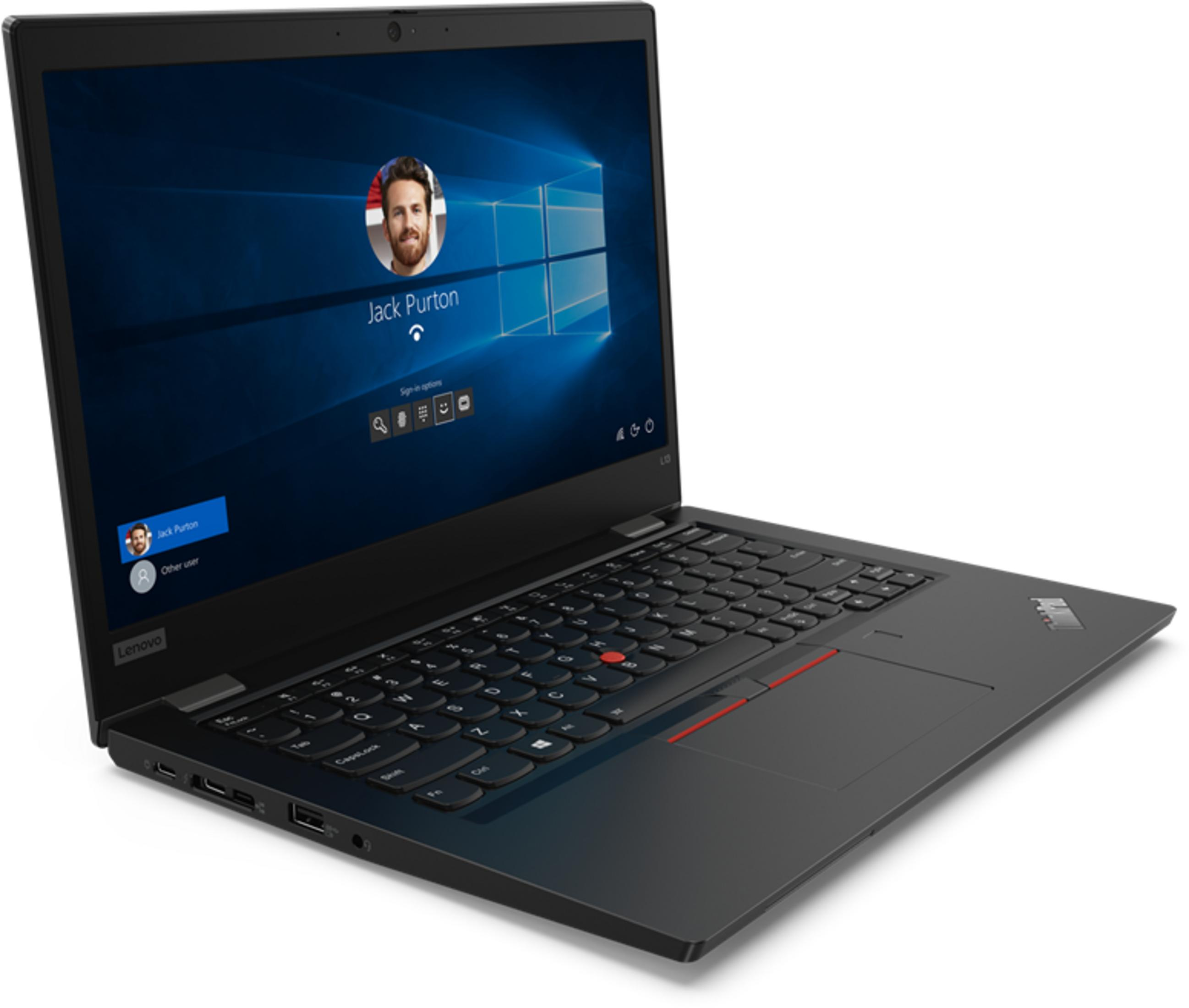 Ein schwarzer Lenovo Laptop ist geöffnet und zeigt einen Windows-Login-Bildschirm mit dem Benutzer Jack Purton.