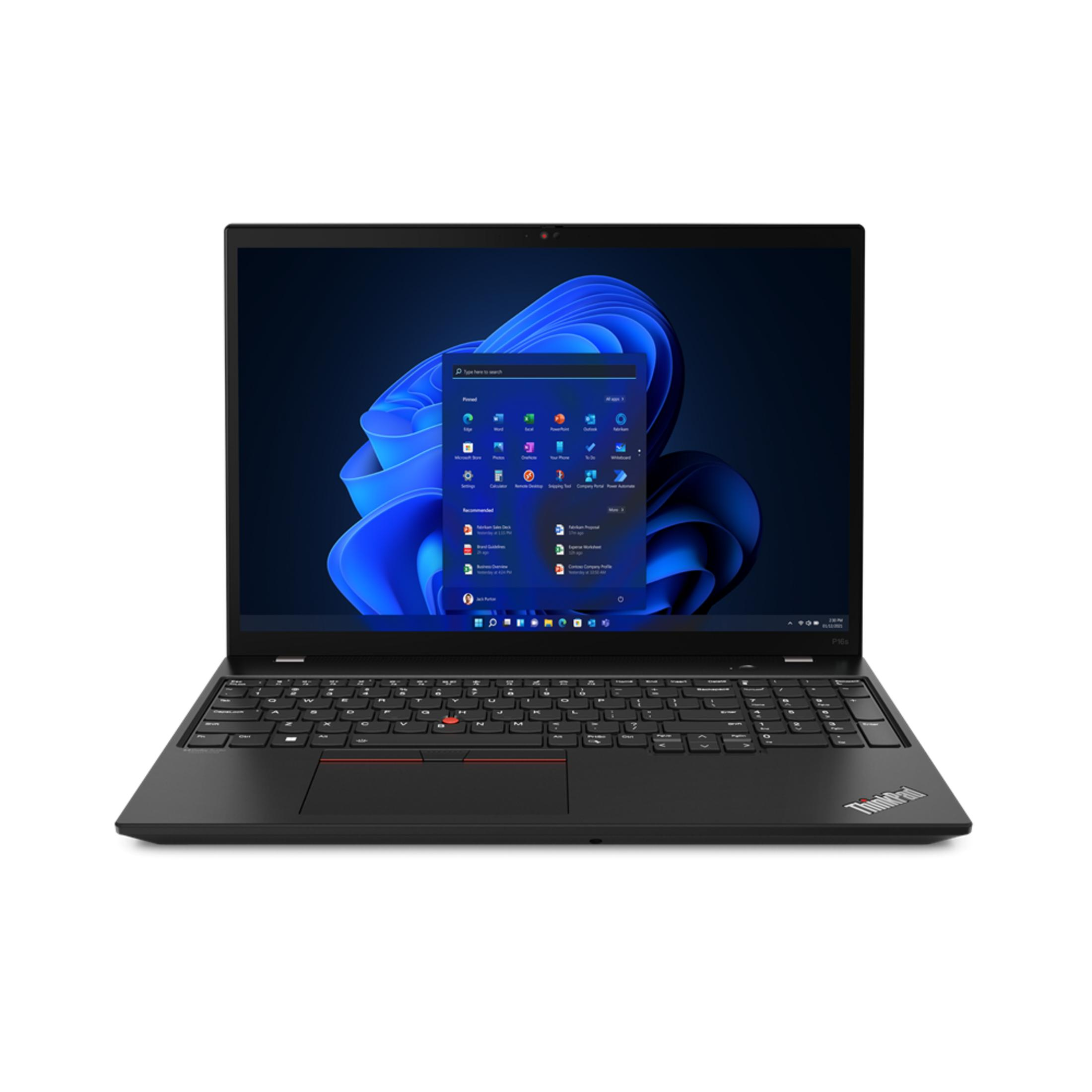 Ein schwarzer Lenovo ThinkPad Laptop mit geöffnetem Windows 11 Startmenü.