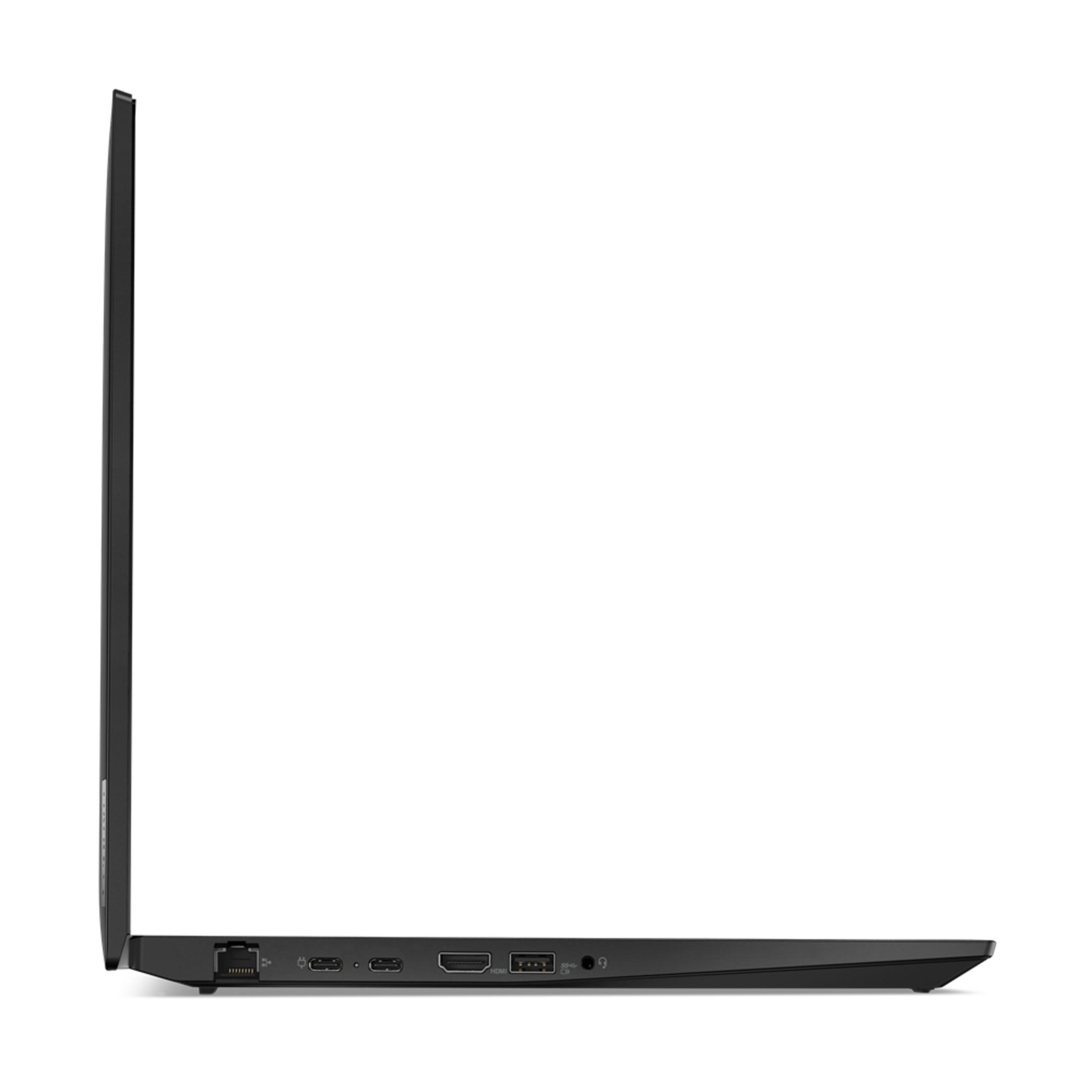 Die linke Seite eines geschlossenen schwarzen Laptops mit Anschlüssen.