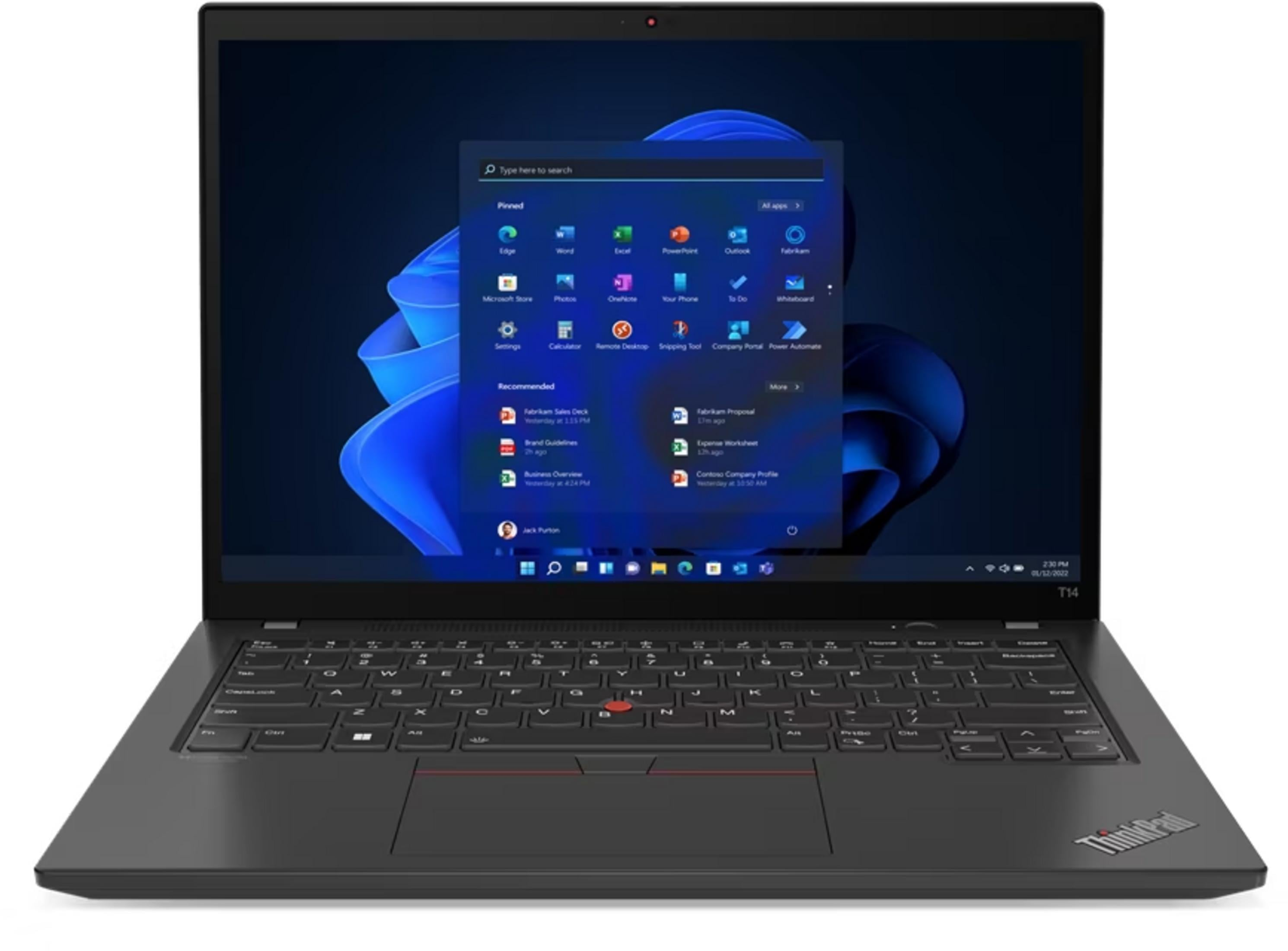 Ein schwarzer Laptop mit geöffnetem Windows 11 Startmenü, das Apps und empfohlene Dateien anzeigt.