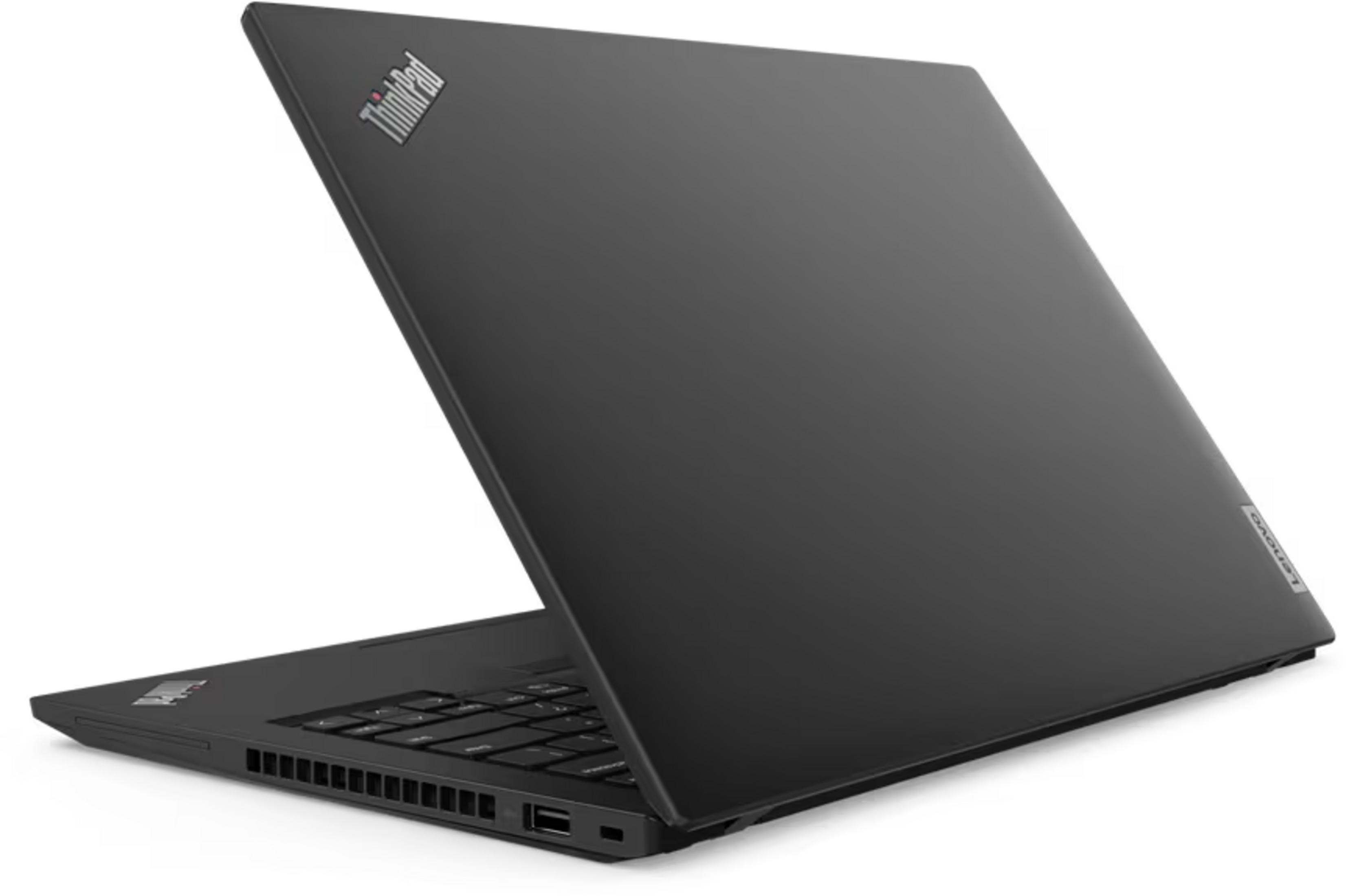 Schwarzer Laptop mit ThinkPad-Logo, Ansicht von oben links.