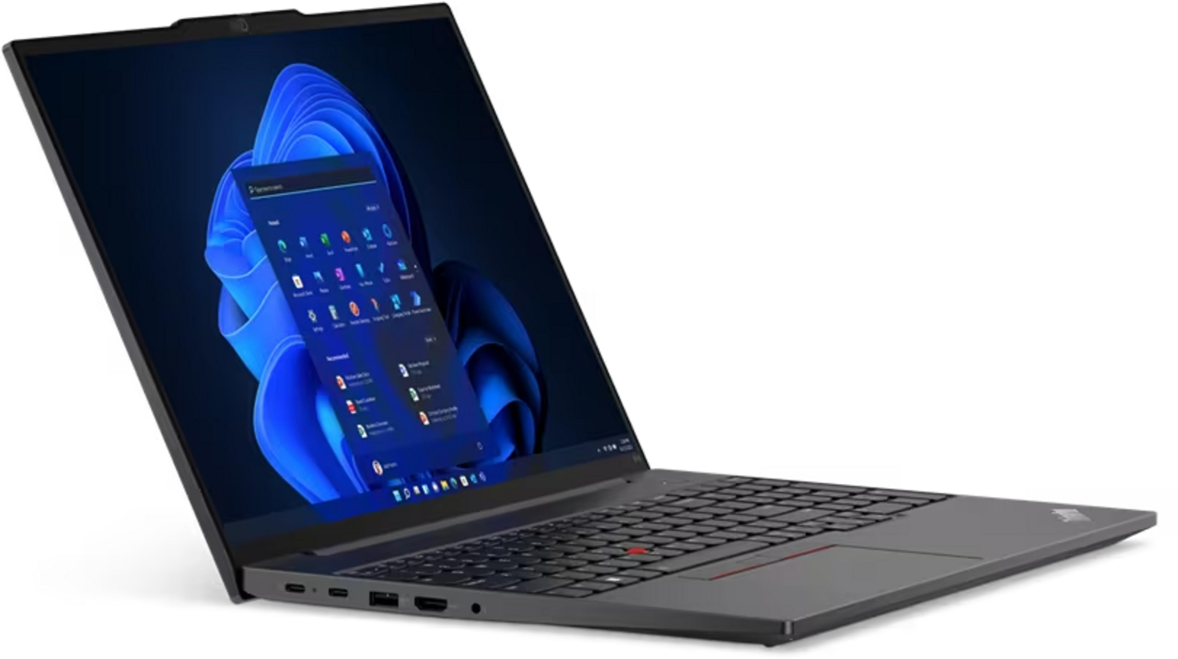 Ein geöffneter Laptop mit einem blauen Hintergrundbild und einem geöffneten Menü.