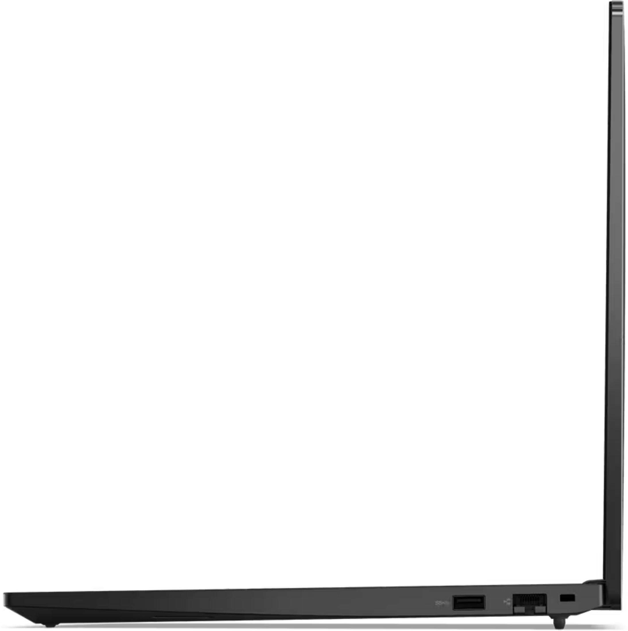 Schwarzer Laptop im Profil, mit sichtbaren Anschlüssen an der Seite.
