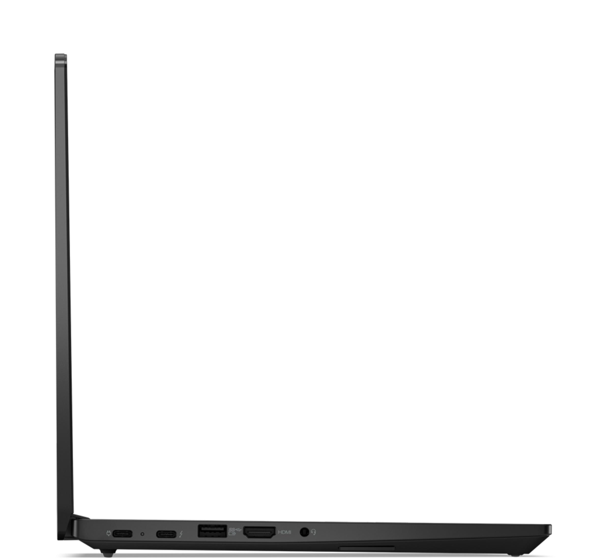 Draufsicht eines schwarzen Laptops mit geöffnetem Bildschirm und sichtbaren Anschlüssen.