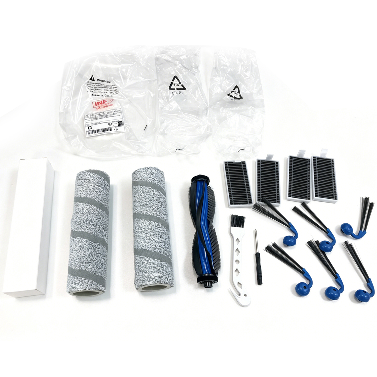 Reinigungszubehör: 2 Bürstenrollen, 1 Hauptbürste, 4 Filter, 1 weißer Bürstenkopf, 1 Schraubendreher, 6 Seitenbürsten.