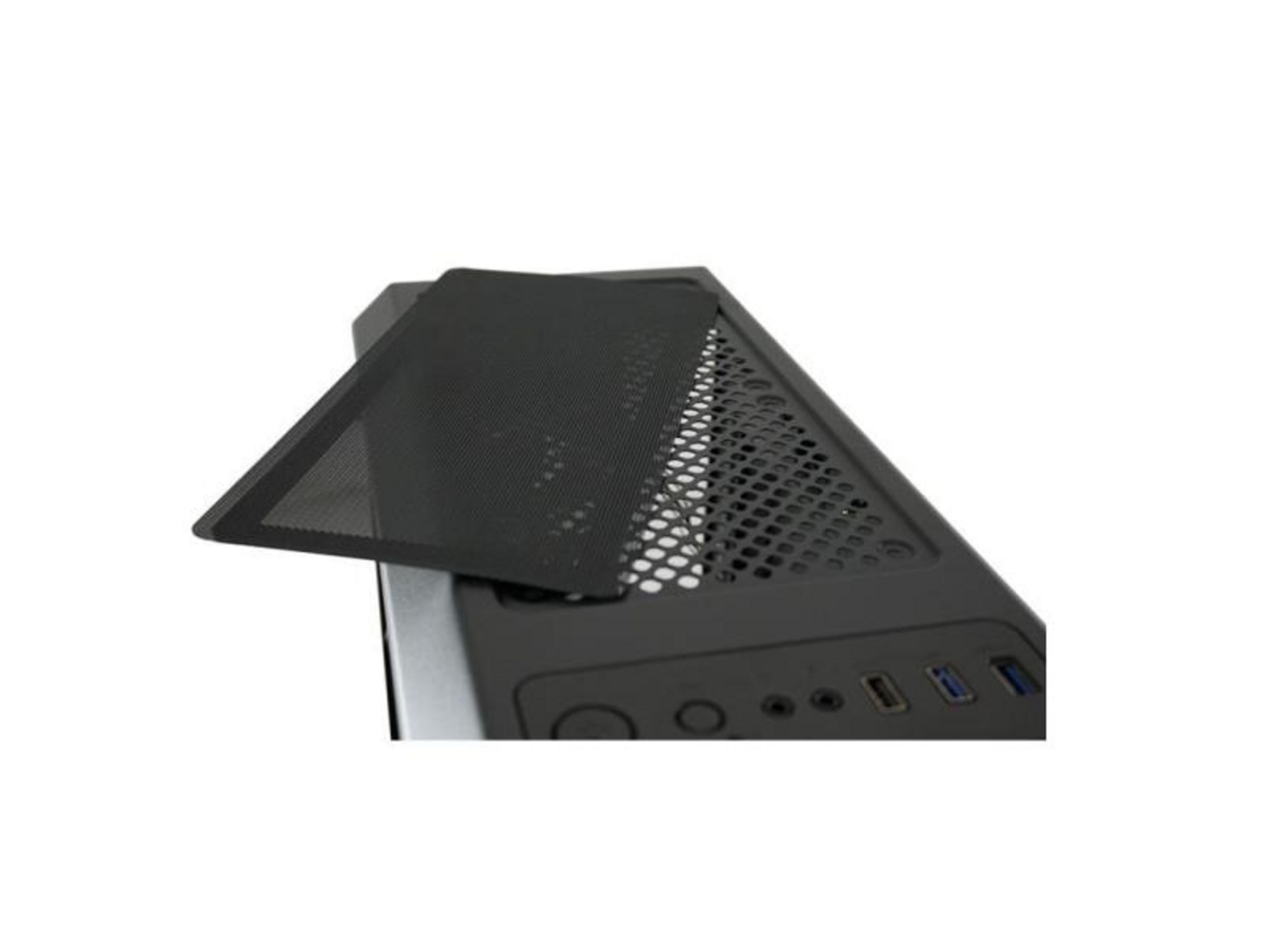 Un filtro antipolvere nero poggia su una custodia per computer con fessure di ventilazione.