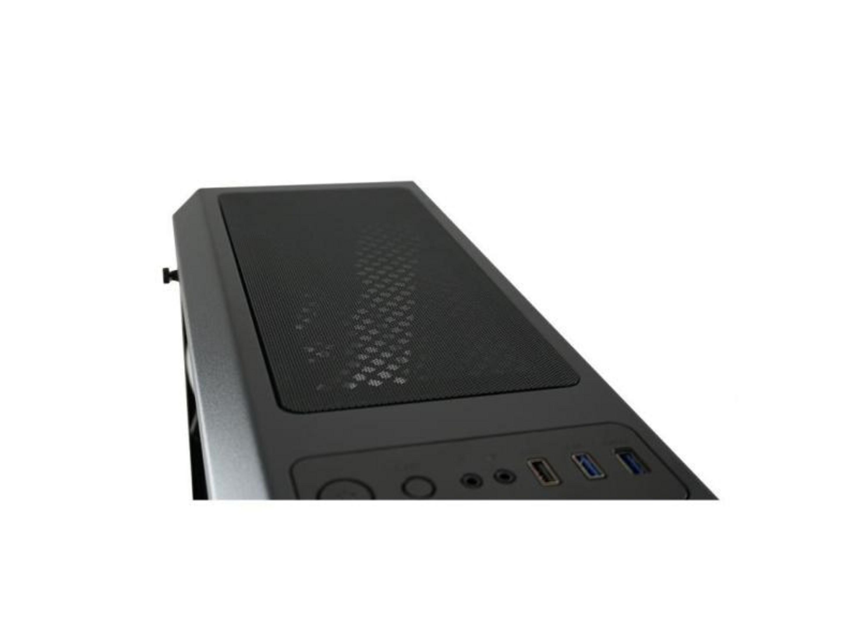 Una torre del computer nera con parte superiore in rete e porte anteriori, su sfondo bianco.