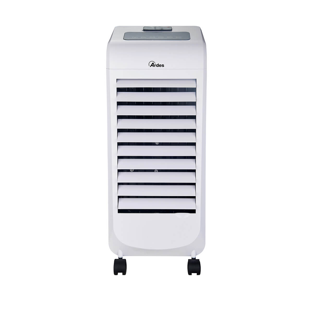 Un refrigeratore evaporativo bianco e portatile con ruote e alette, su sfondo bianco.