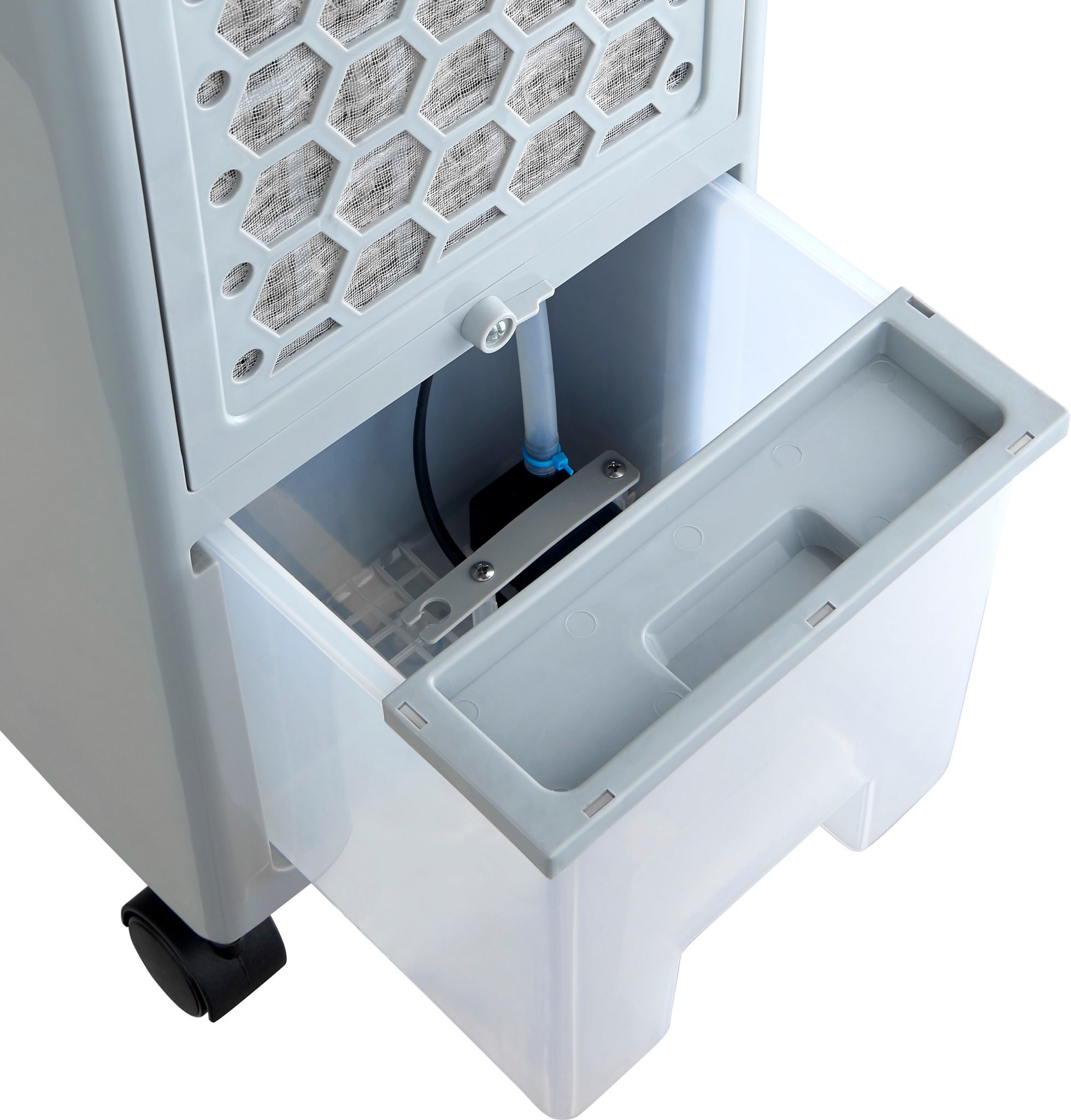 Un refrigeratore d'aria bianco con serbatoio estraibile e griglia.