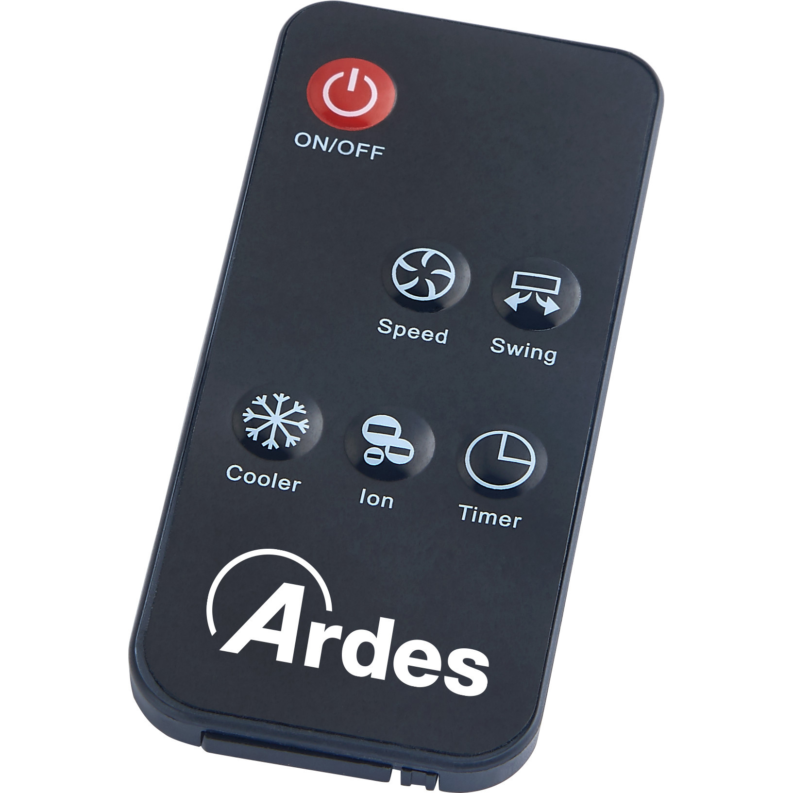 Telecomando nero con icone On/Off, Velocità, Oscillazione, Cooler, Ion e Timer.