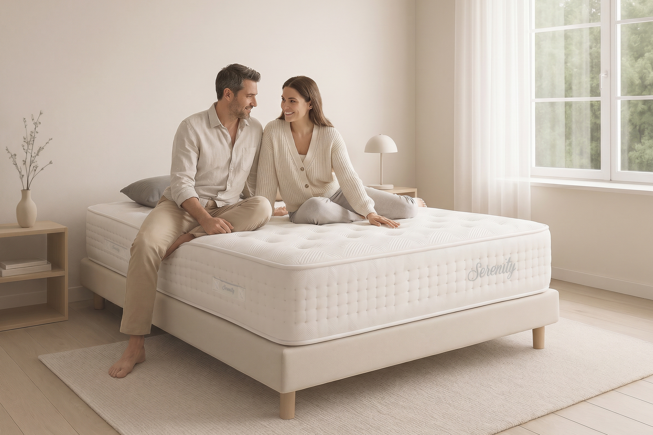 Un hombre y una mujer sentados en una cama blanca, sonriéndose.