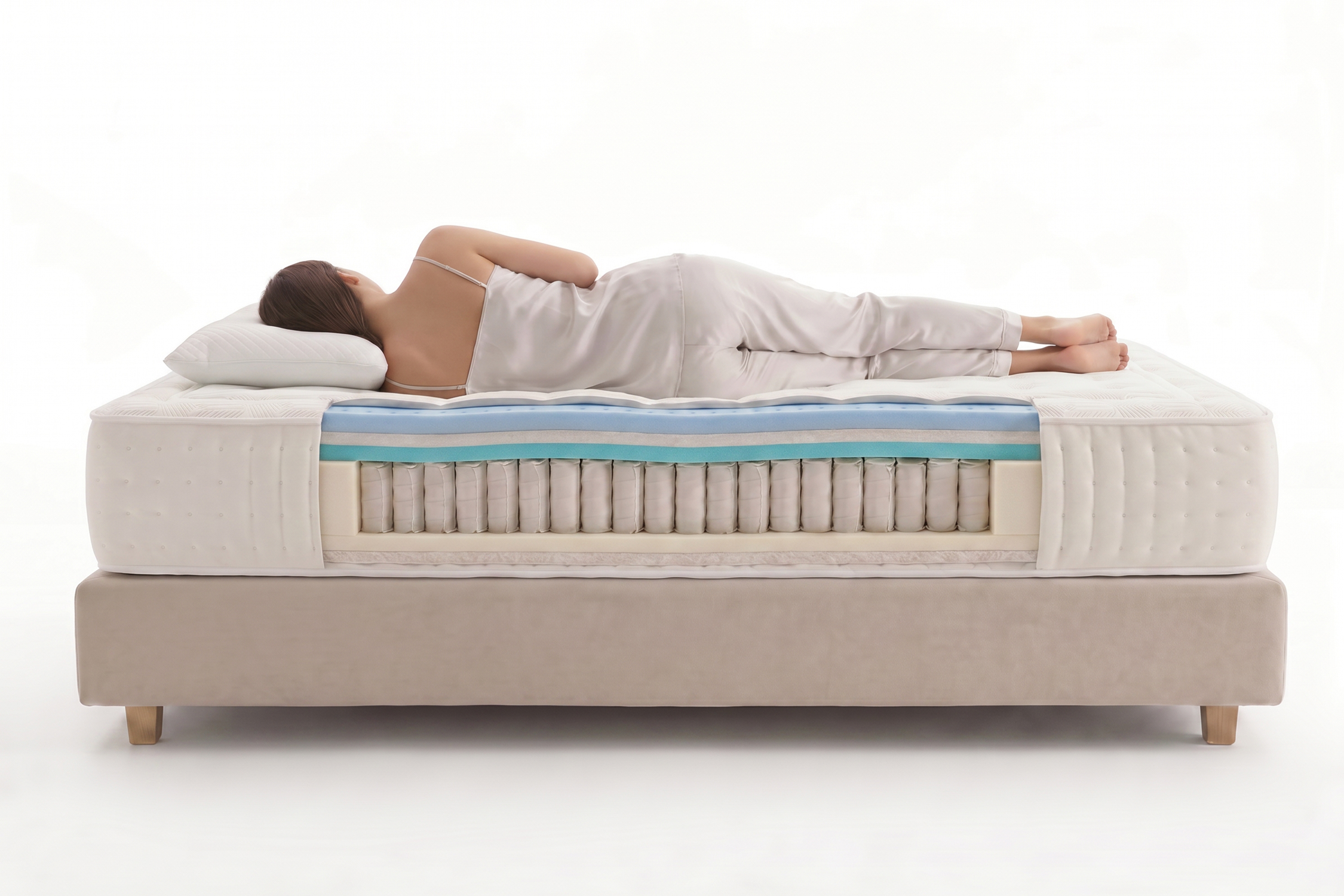 Mujer durmiendo en un colchón seccionado que muestra resortes y capas de espuma.