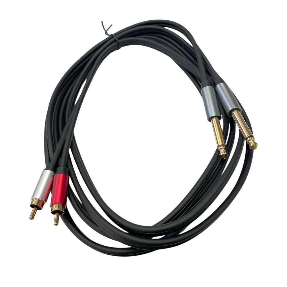Kırmızı/gümüş RCA ve iki adet 6,35 mm jaklı siyah ses kablosu.