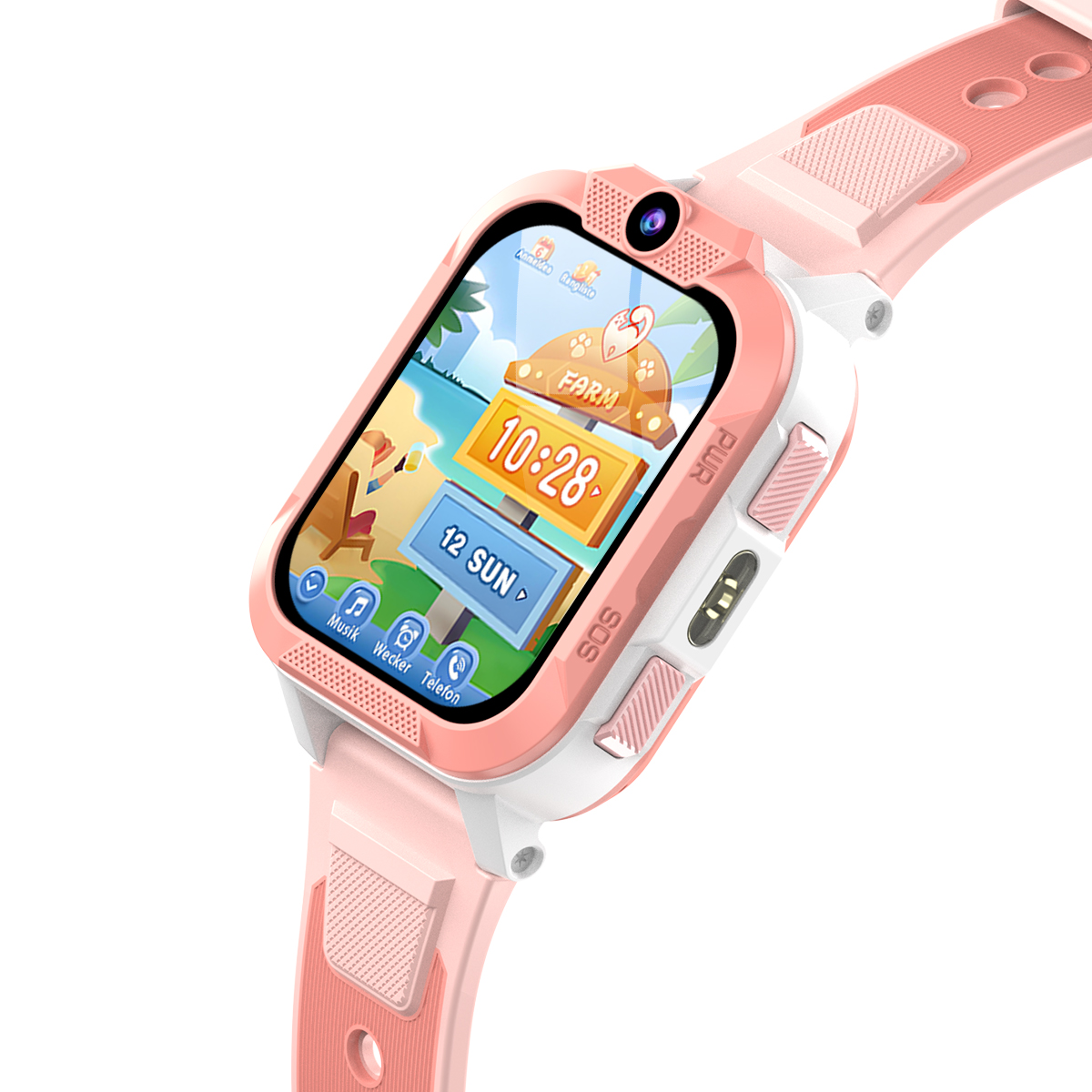 Różowy smartwatch z kolorowym wyświetlaczem pokazującym godzinę i pogodę.