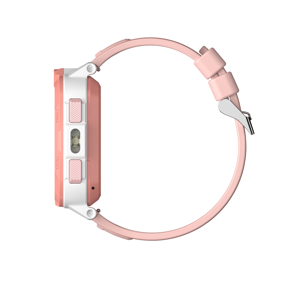 Różowy smartwatch z białym etui i bocznymi przyciskami.