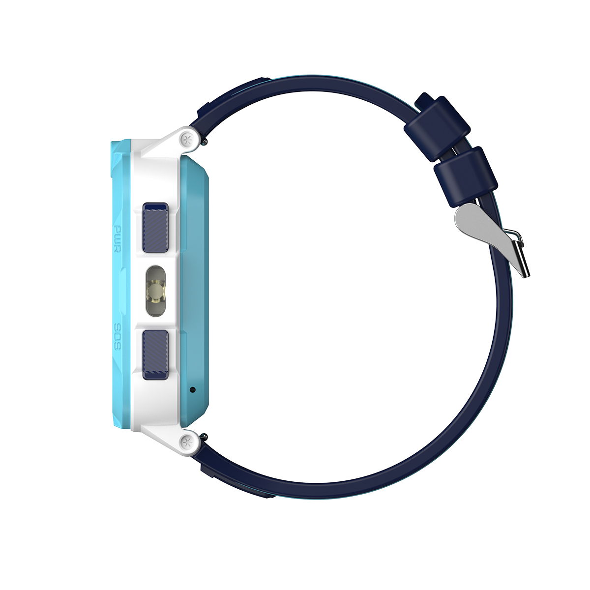 Niebiesko-biały smartwatch z granatowym paskiem i srebrną klamrą.