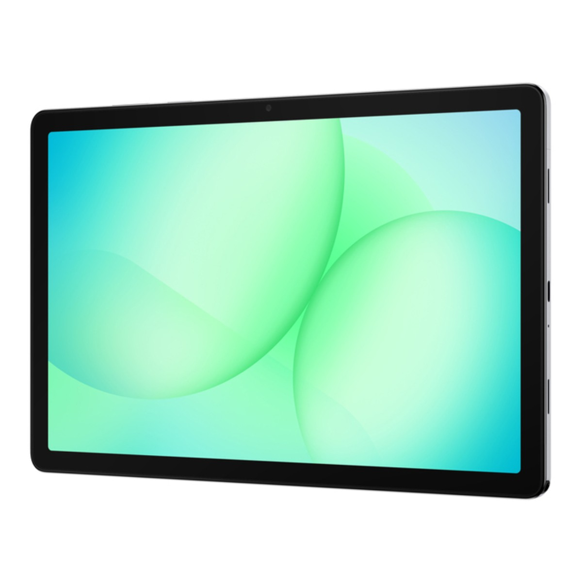 Una tableta negra con pantalla brillante que muestra burbujas abstractas verdes y azules.