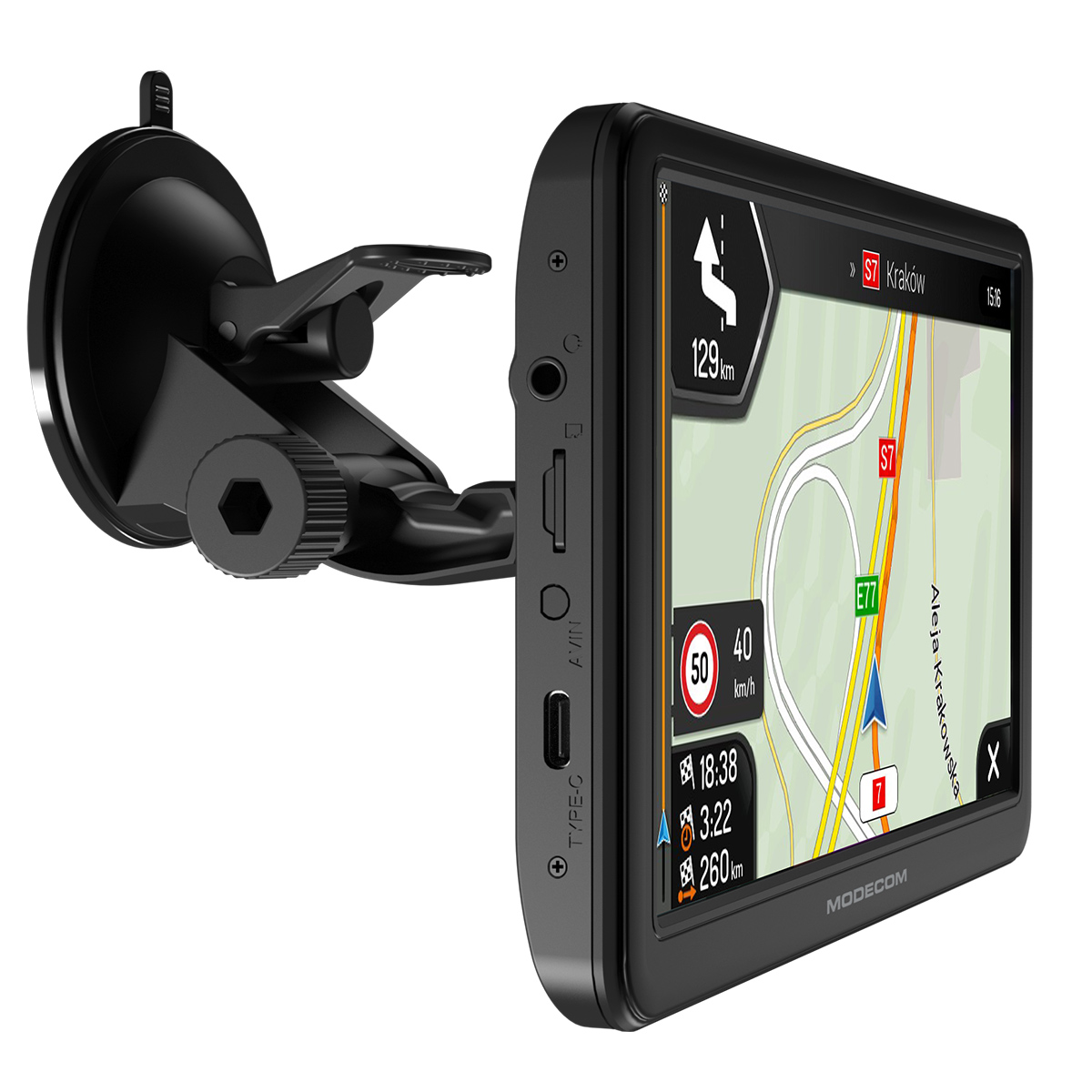 Urządzenie nawigacyjne GPS z uchwytem na przyssawkę wyświetla mapę z trasą.