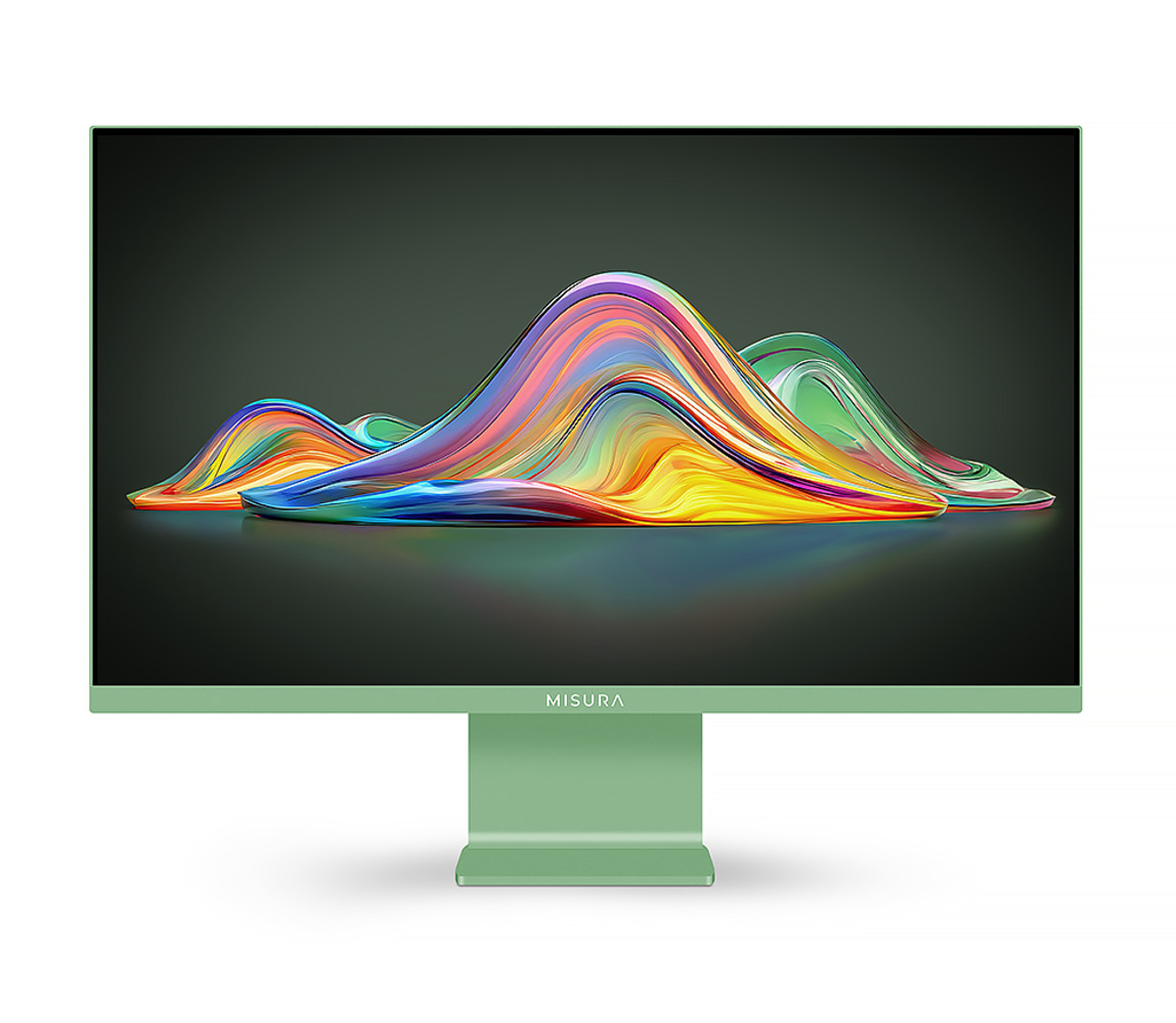 Un monitor verde menta con un diseño abstracto ondulado y colorido en la pantalla.