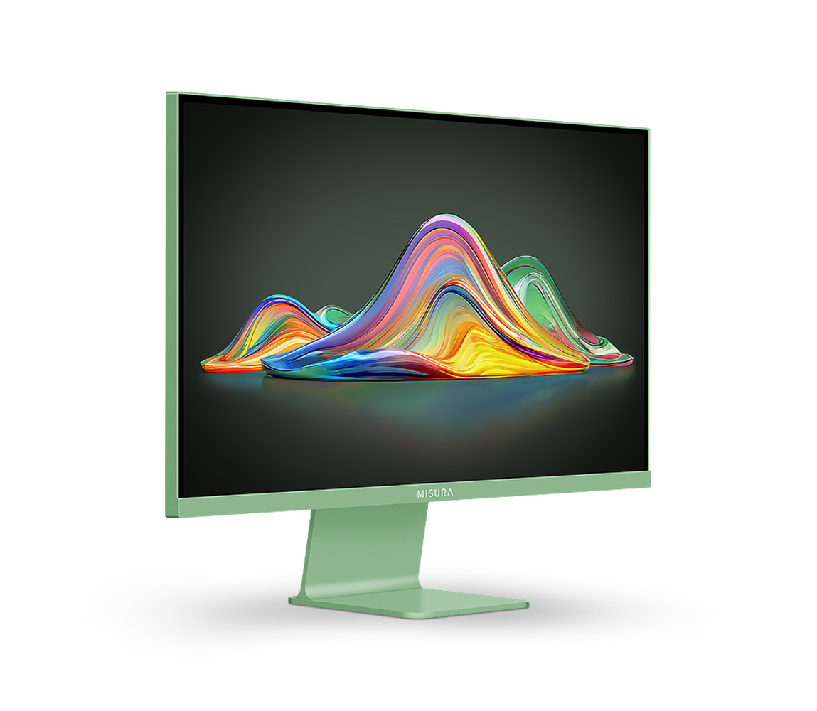 Un monitor verde menta muestra una forma de onda abstracta y colorida.