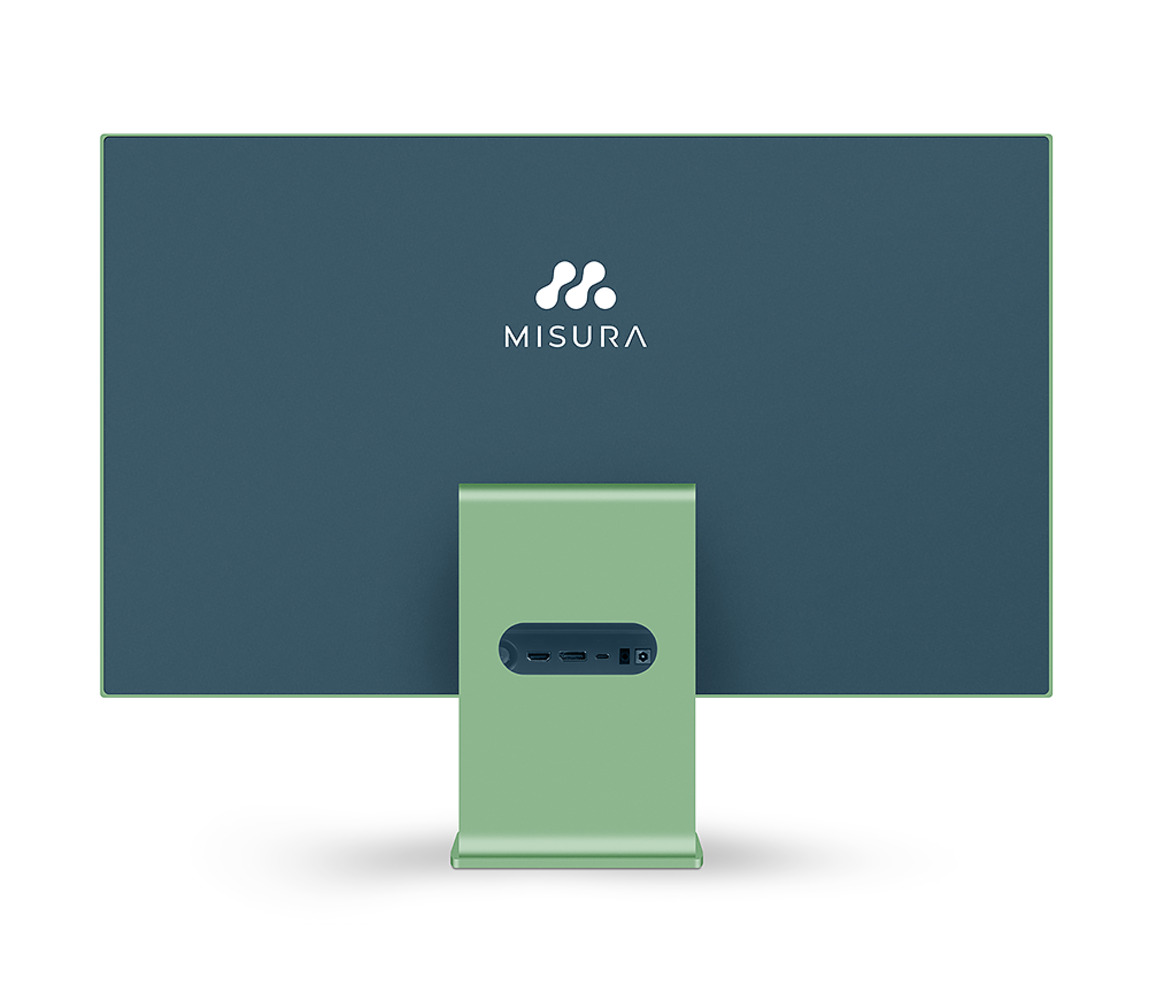 Parte trasera de un monitor azul oscuro con base verde y puertos.