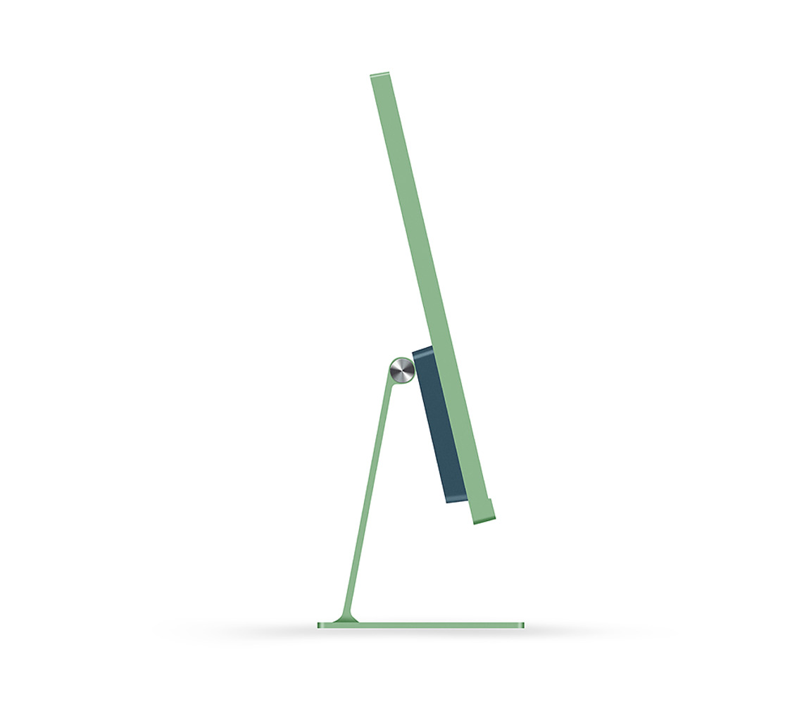 Un iMac verde claro con su soporte, visto de lado sobre fondo blanco.