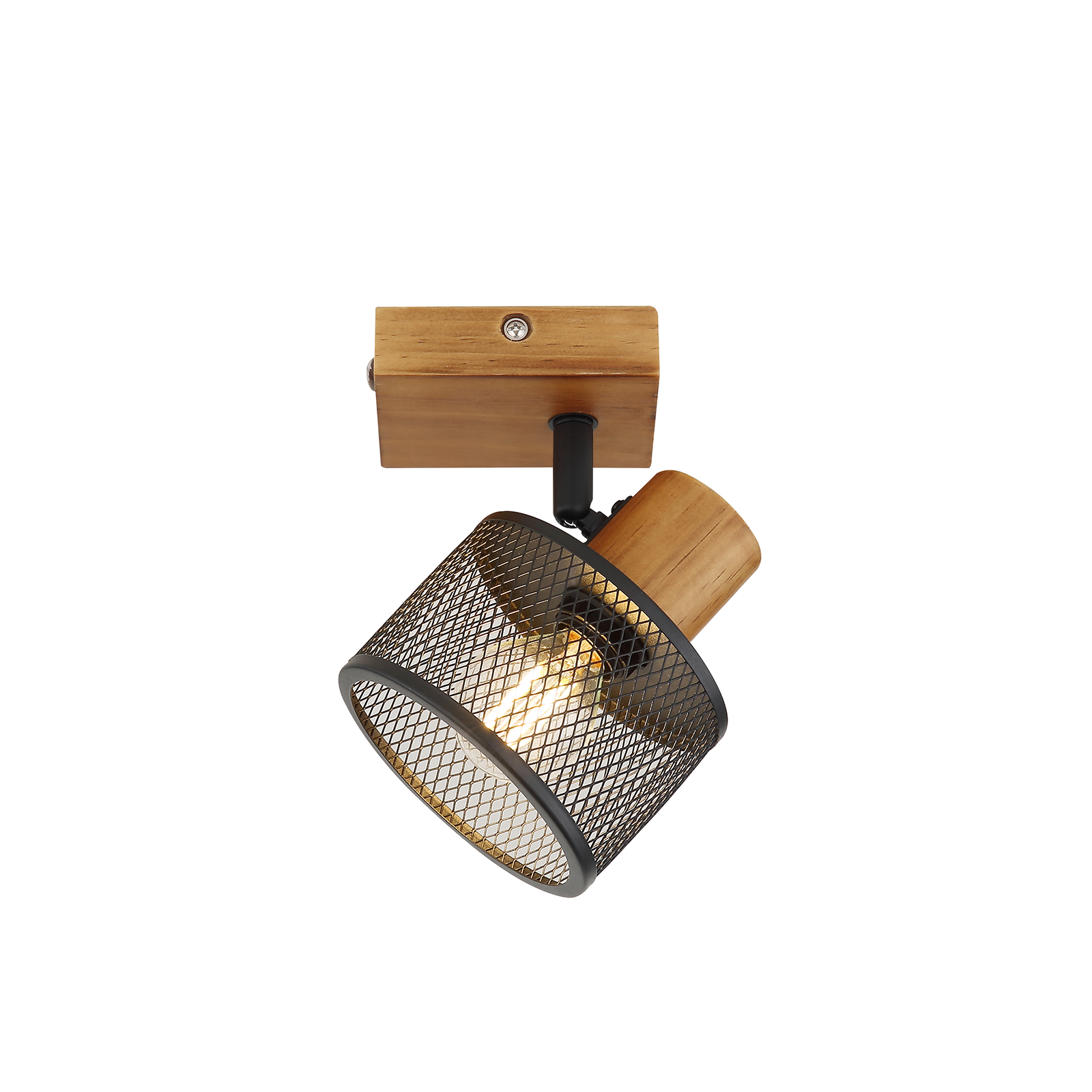 Ein verstellbarer Deckenstrahler mit Holz und schwarzem Drahtgitter.