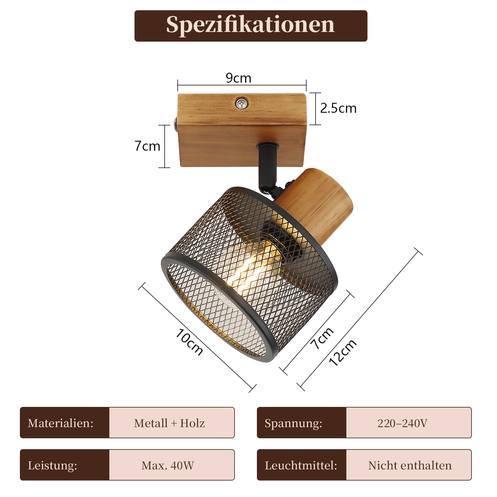 Ein moderner Deckenstrahler mit Holz- und Metallelementen, Maße sind angegeben.
