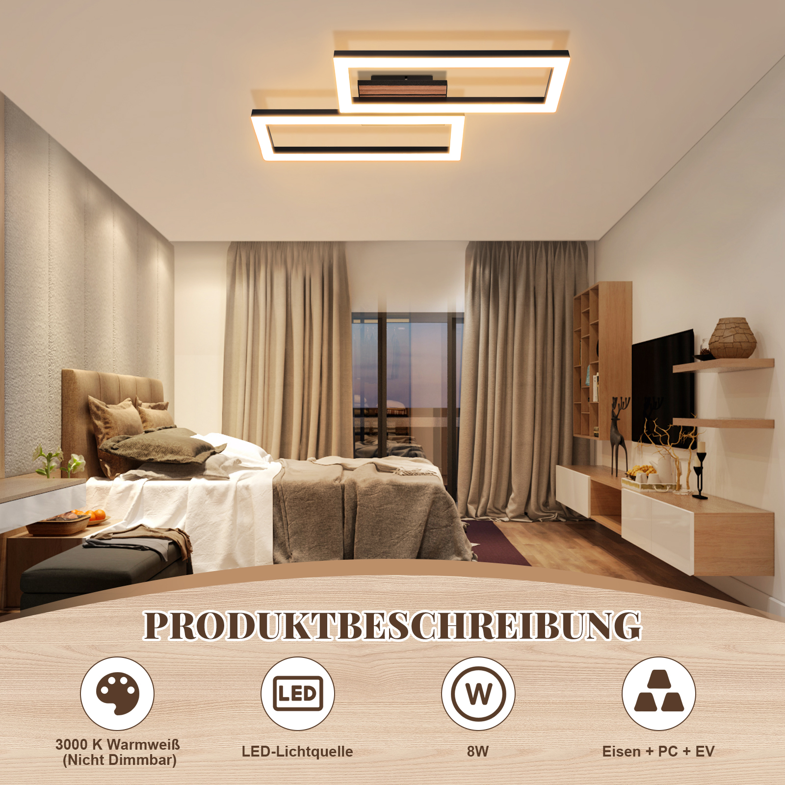 Modernes Schlafzimmer mit LED-Deckenleuchte, Bett und Fernsehmöbeln.