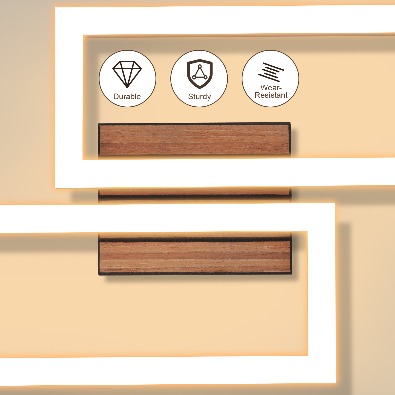 Drei Kreise mit Symbolen: Diamant (Langlebig), Schild (Robust), Linien (Abriebfest). Holzleisten.