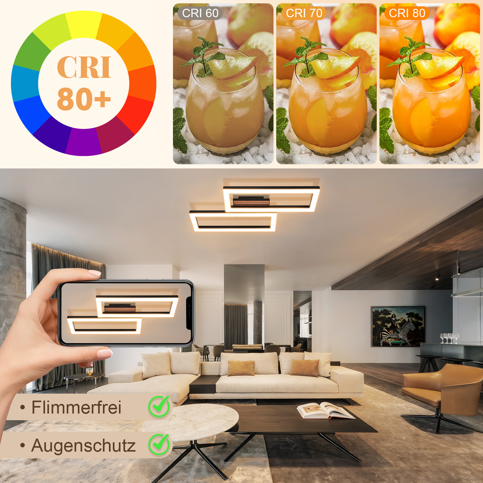 Farbkreis, Getränke-Vergleiche, Deckenleuchte in modernem Wohnzimmer.